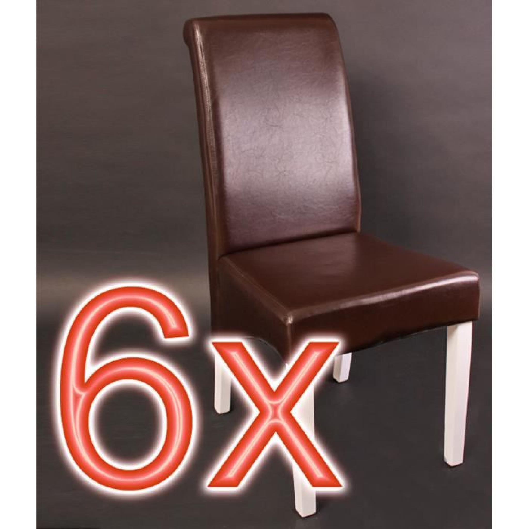 Lot de 6 chaises salle à manger, inclinable en cuir coloris brun, pieds blancs