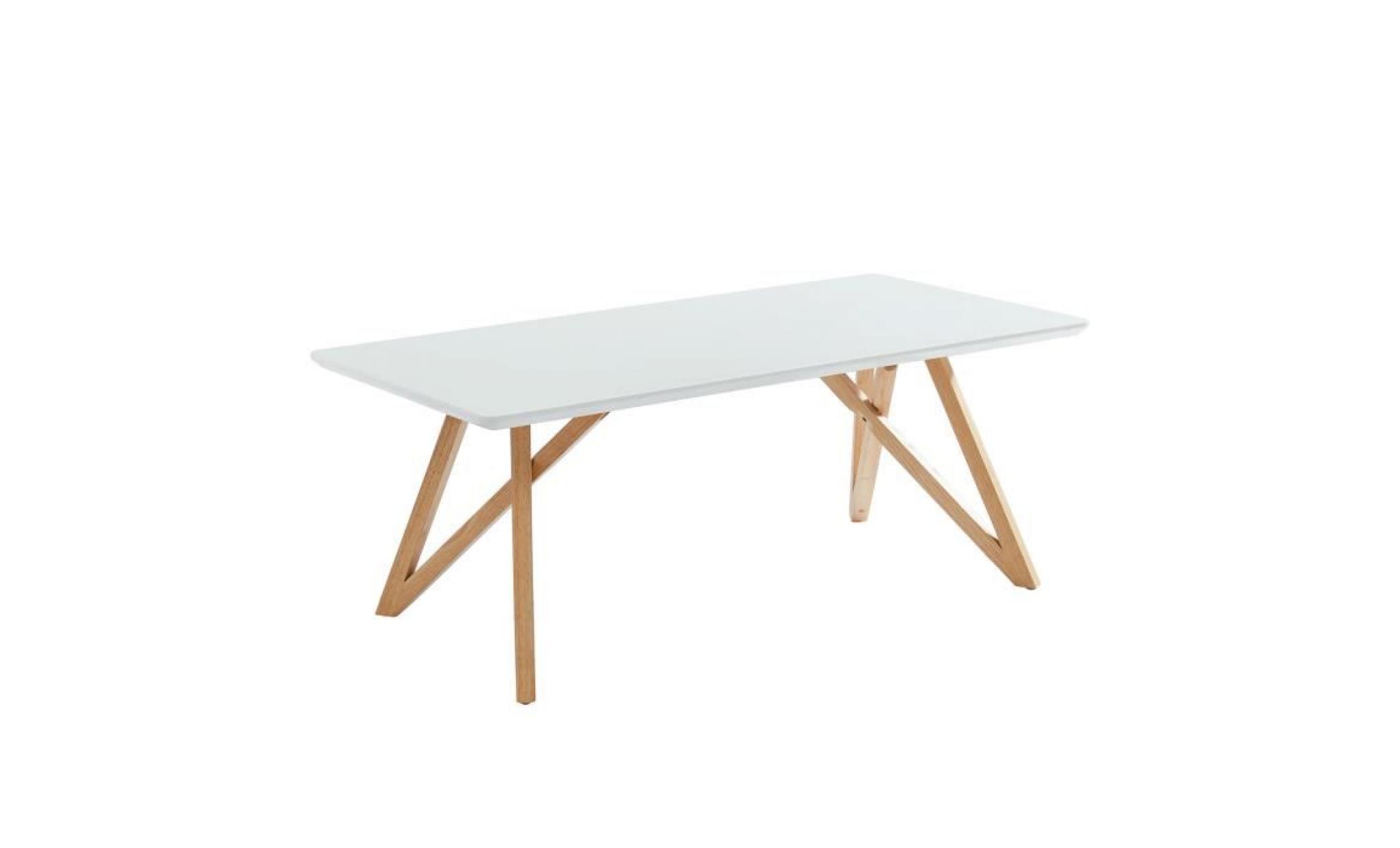 lulea table basse scandinave blanc laqué brillant + pieds en bois hévéa massif croisés en forme de x   l 120 x l 60 cm