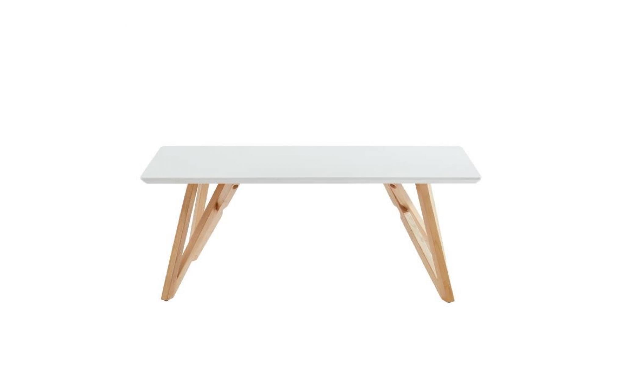 lulea table basse scandinave blanc laqué brillant + pieds en bois hévéa massif croisés en forme de x   l 120 x l 60 cm pas cher