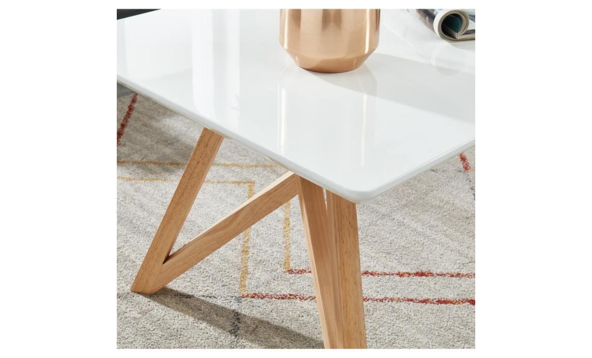lulea table basse scandinave blanc laqué brillant + pieds en bois hévéa massif croisés en forme de x   l 120 x l 60 cm pas cher