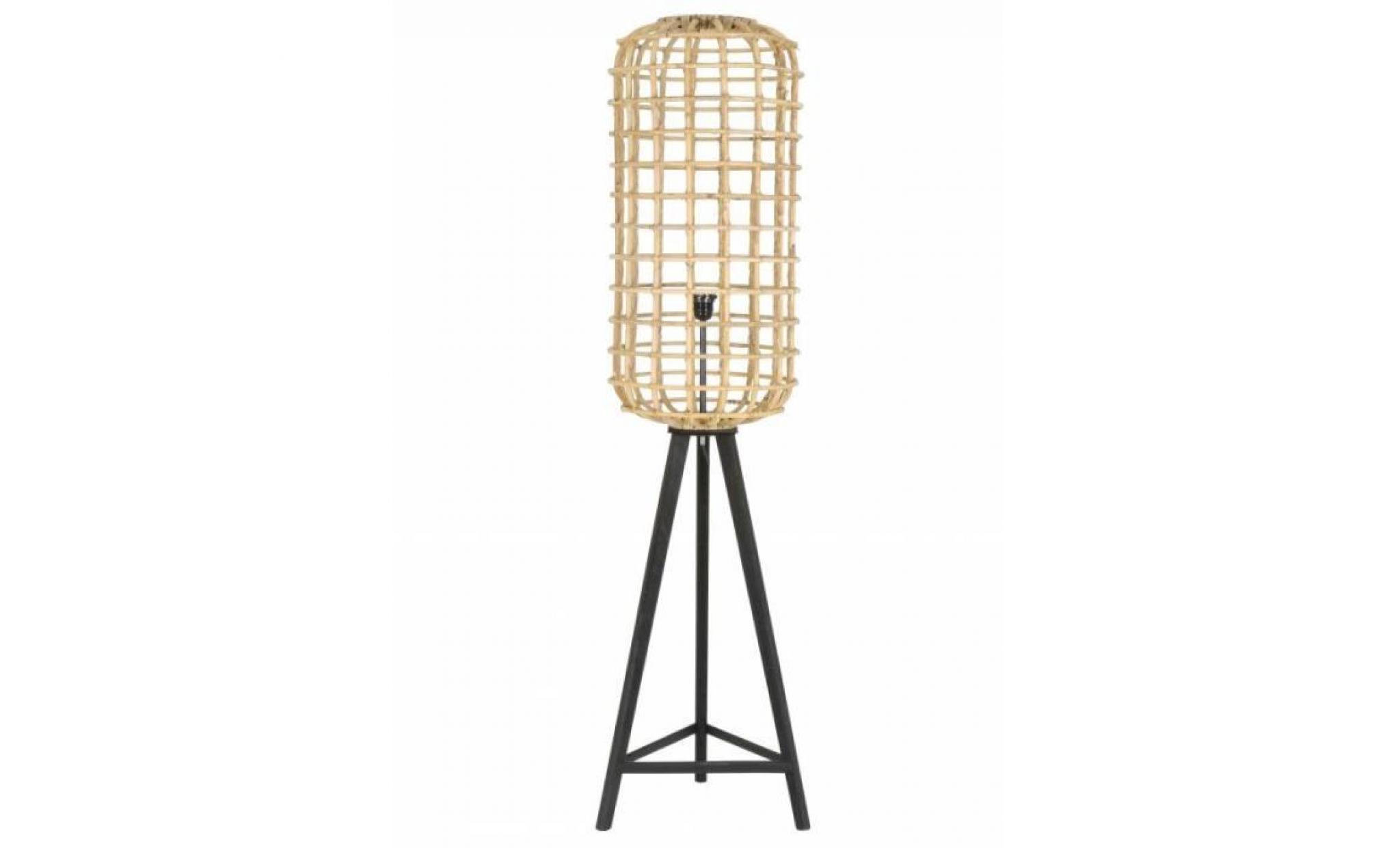 luminaire d'appoint noah lampe tendance sur pied lampadaire cage en bois et rotin couleur noire 36x36x140cm marron   noir