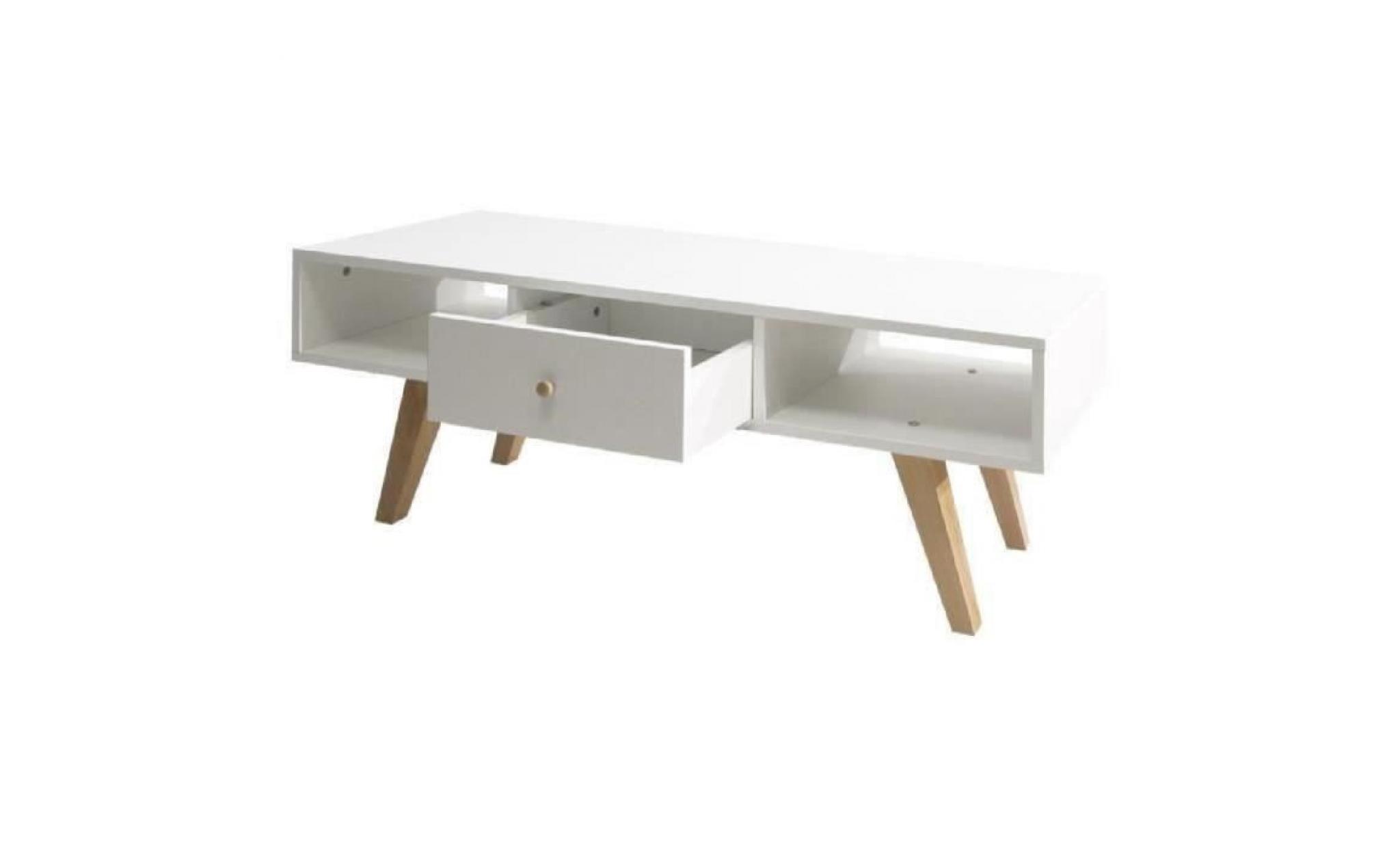 lund meuble tv scandinave blanc mat + pieds en bois massif   l 117 cm