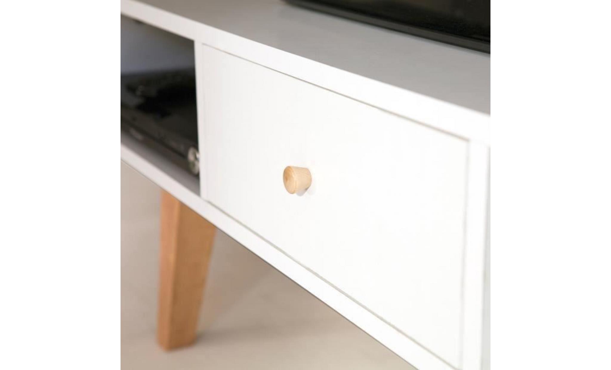 lund meuble tv scandinave blanc mat + pieds en bois massif   l 117 cm pas cher