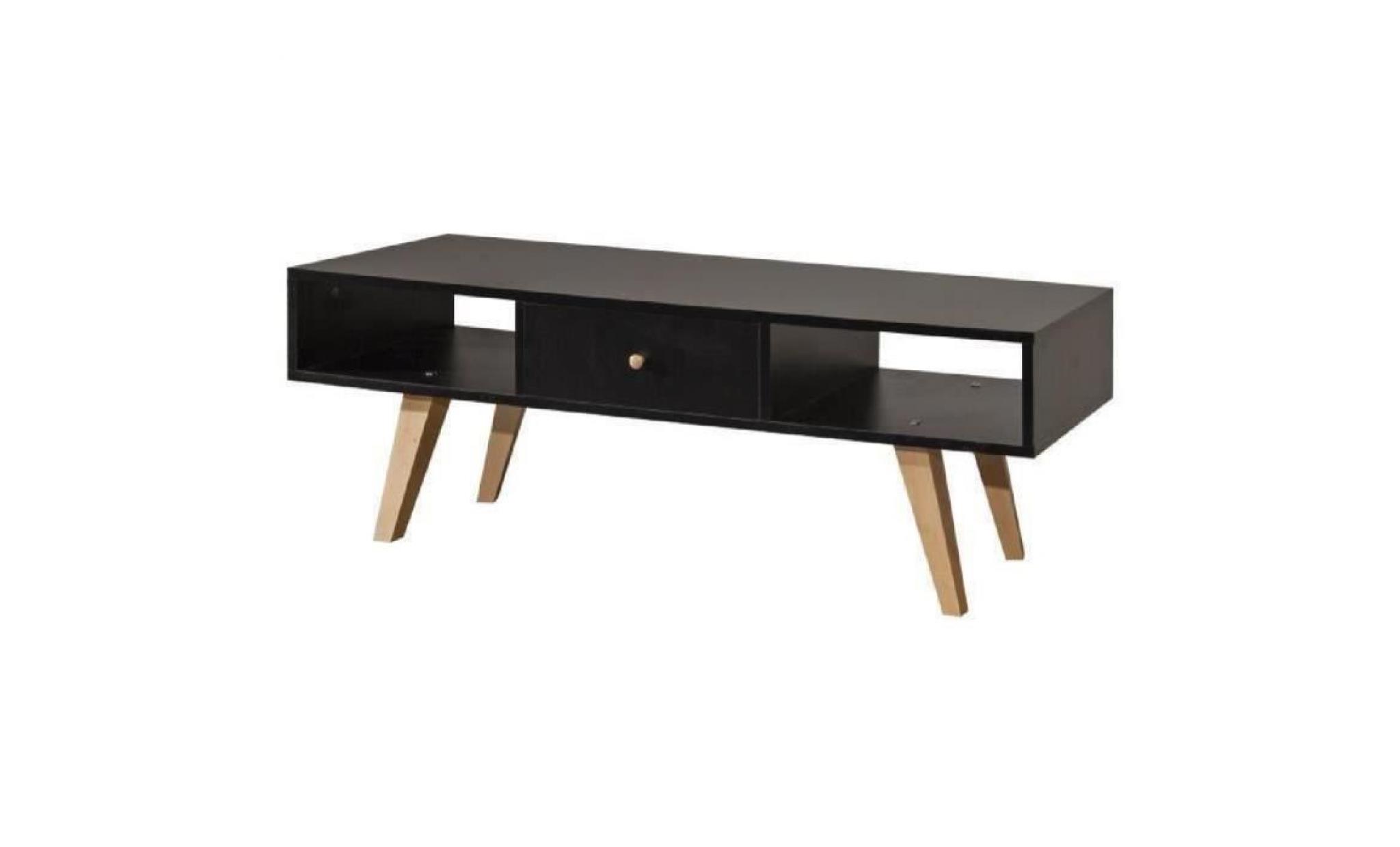 lund meuble tv scandinave mélaminé noir mat + pieds en hêtre massif   l 117 cm