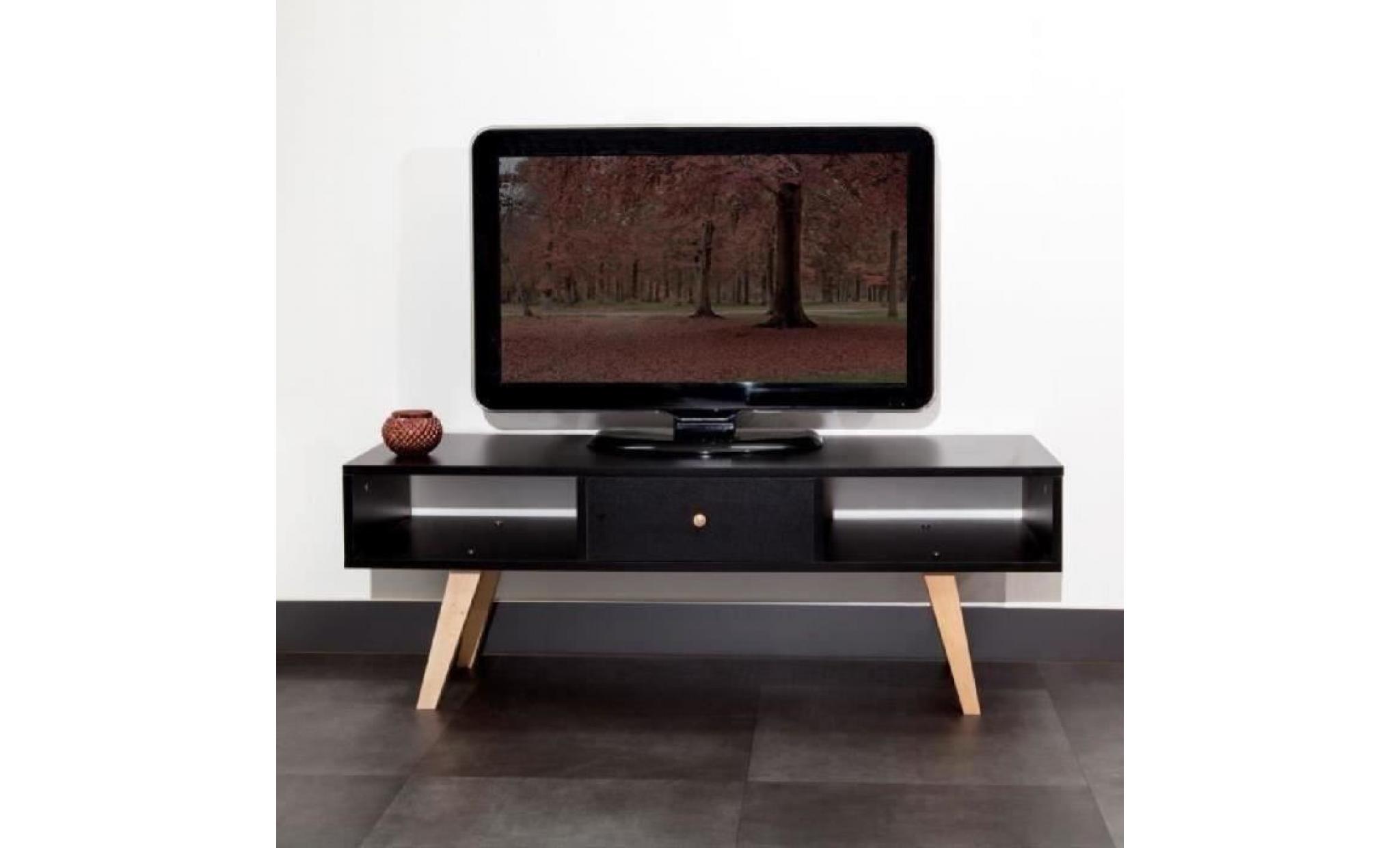 lund meuble tv scandinave mélaminé noir mat + pieds en hêtre massif   l 117 cm pas cher