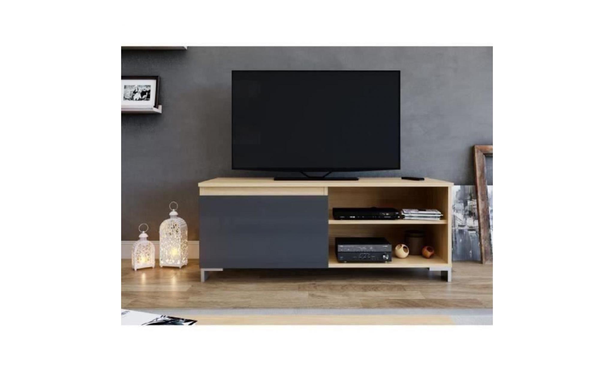 manhattan meuble tv contemporain laminé chêne clair et mélaminé gris anthracite   l 110 cm pas cher
