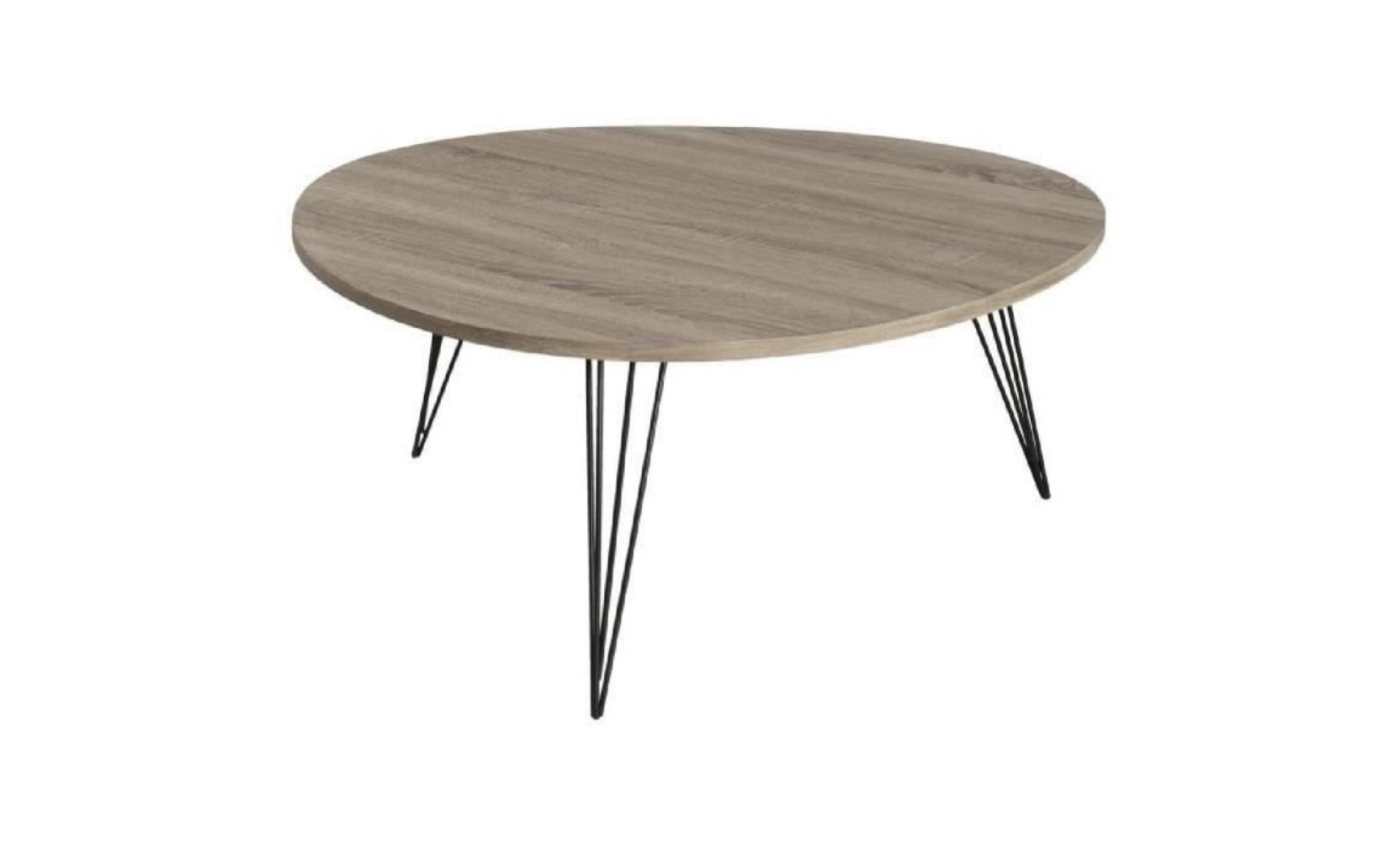 melbourne table basse ronde scandinave en mdf placage chêne verni et métal noir   90x90 cm