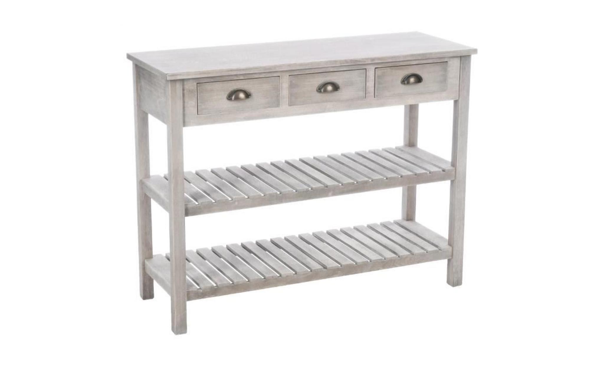 meuble console 3 tiroirs + 2 étagères   bois patiné blanc beige