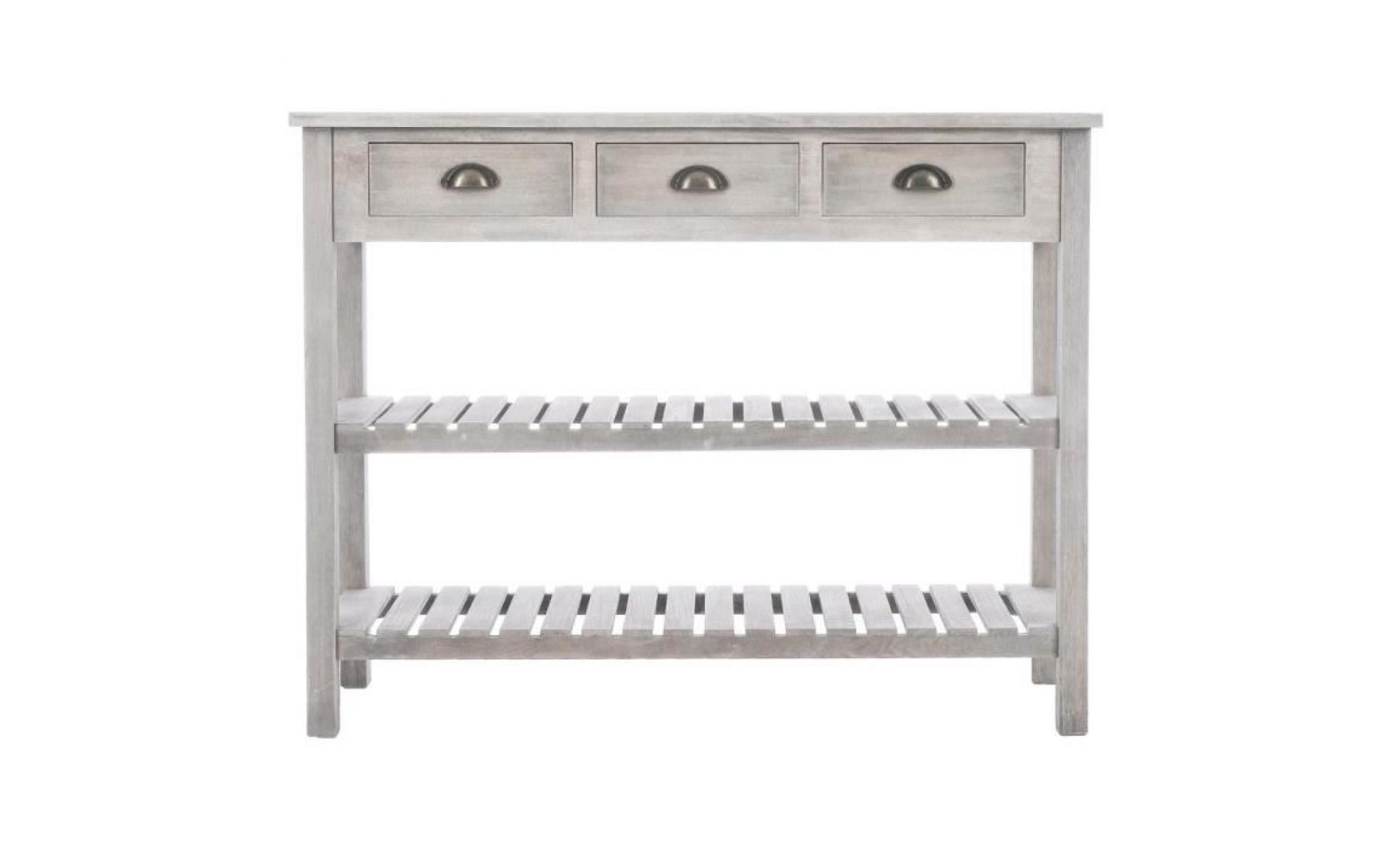 meuble console 3 tiroirs + 2 étagères   bois patiné blanc beige pas cher