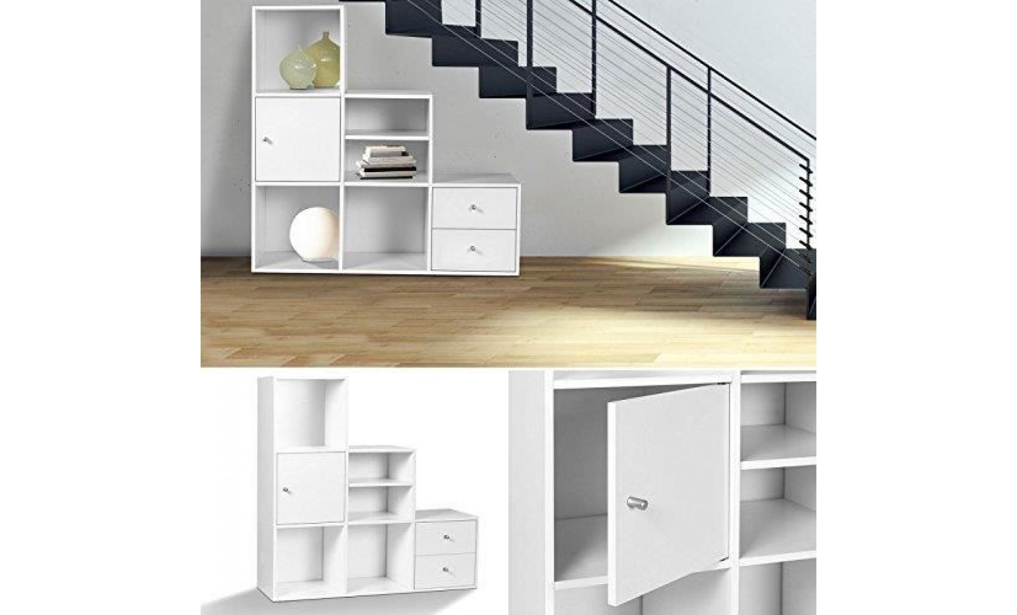 meuble de rangement escalier 3 niveaux bois blanc avec porte et tiroirs pas cher