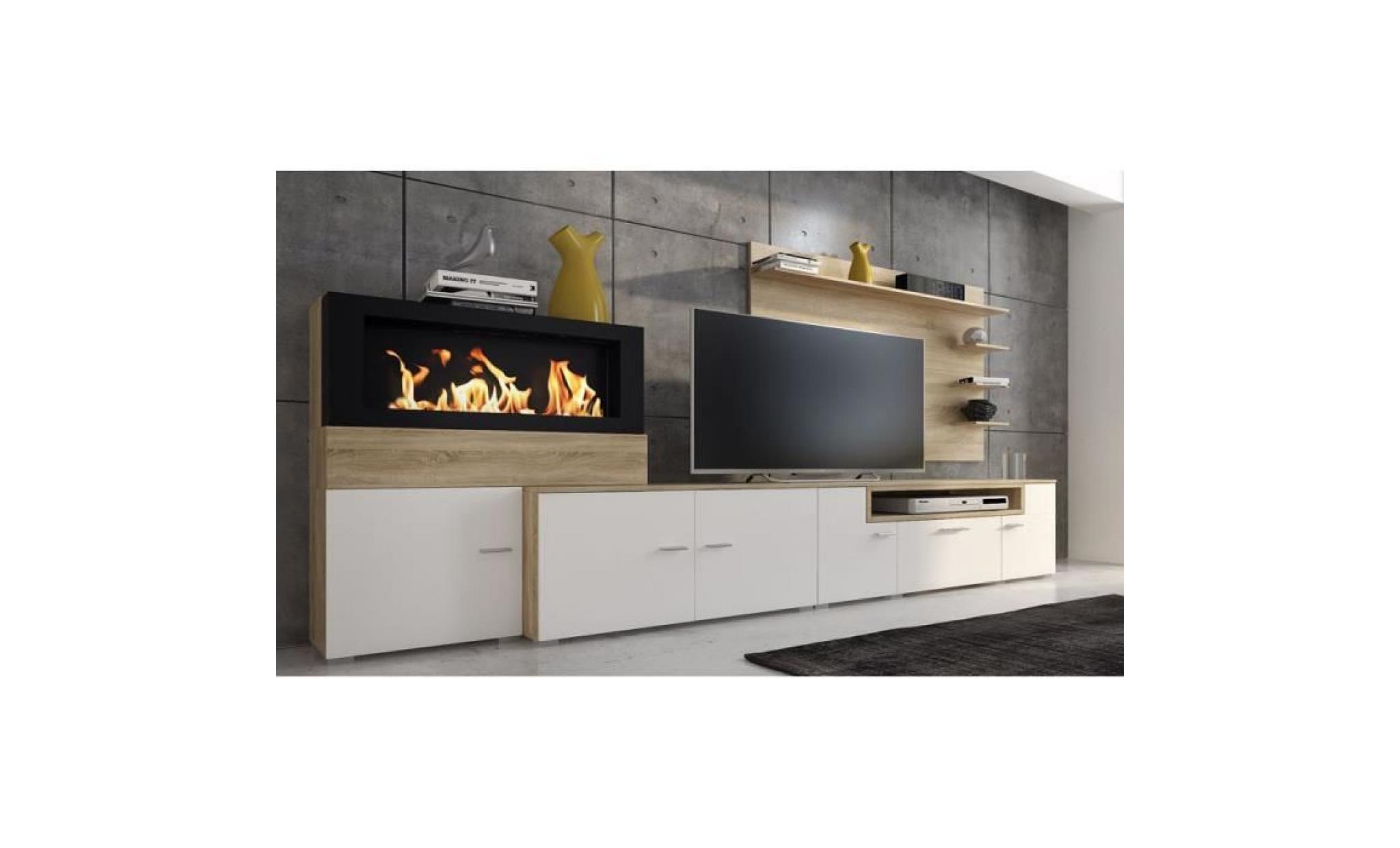 meuble de salon avec cheminée au bioéthanol, finition blanc mat et chêne clair brossé, mesures : 290 x 170 x 45 cm de profondeur