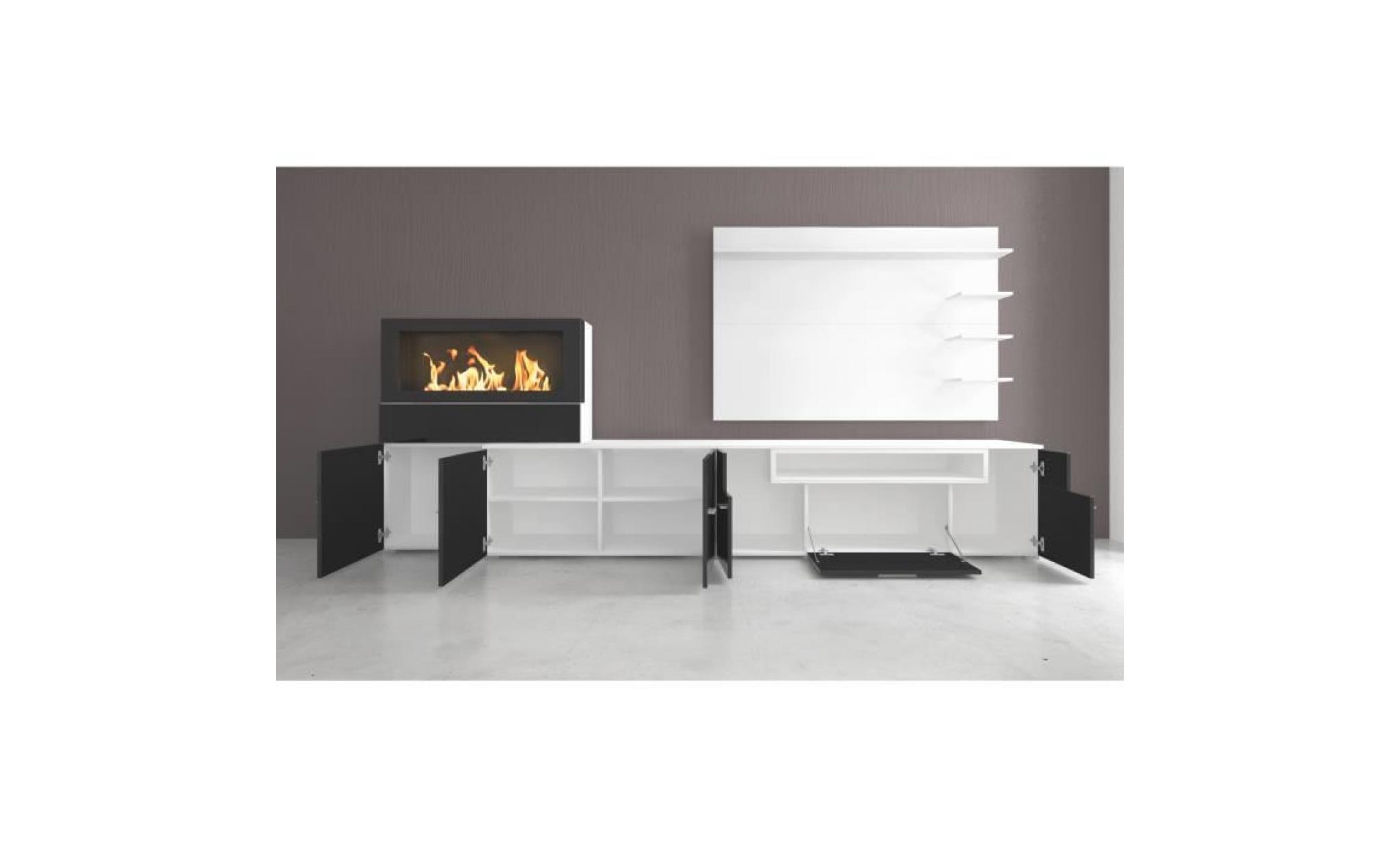 meuble de salon avec cheminée au bioéthanol, finition blanc mat et chêne clair brossé, mesures : 290 x 170 x 45 cm de profondeur pas cher