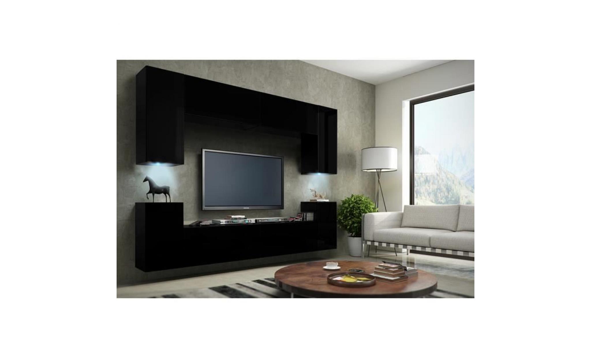 meuble de salon, meuble tv complet suspendu concept corps noir mat, façades noires mat + led. meuble design et tendance