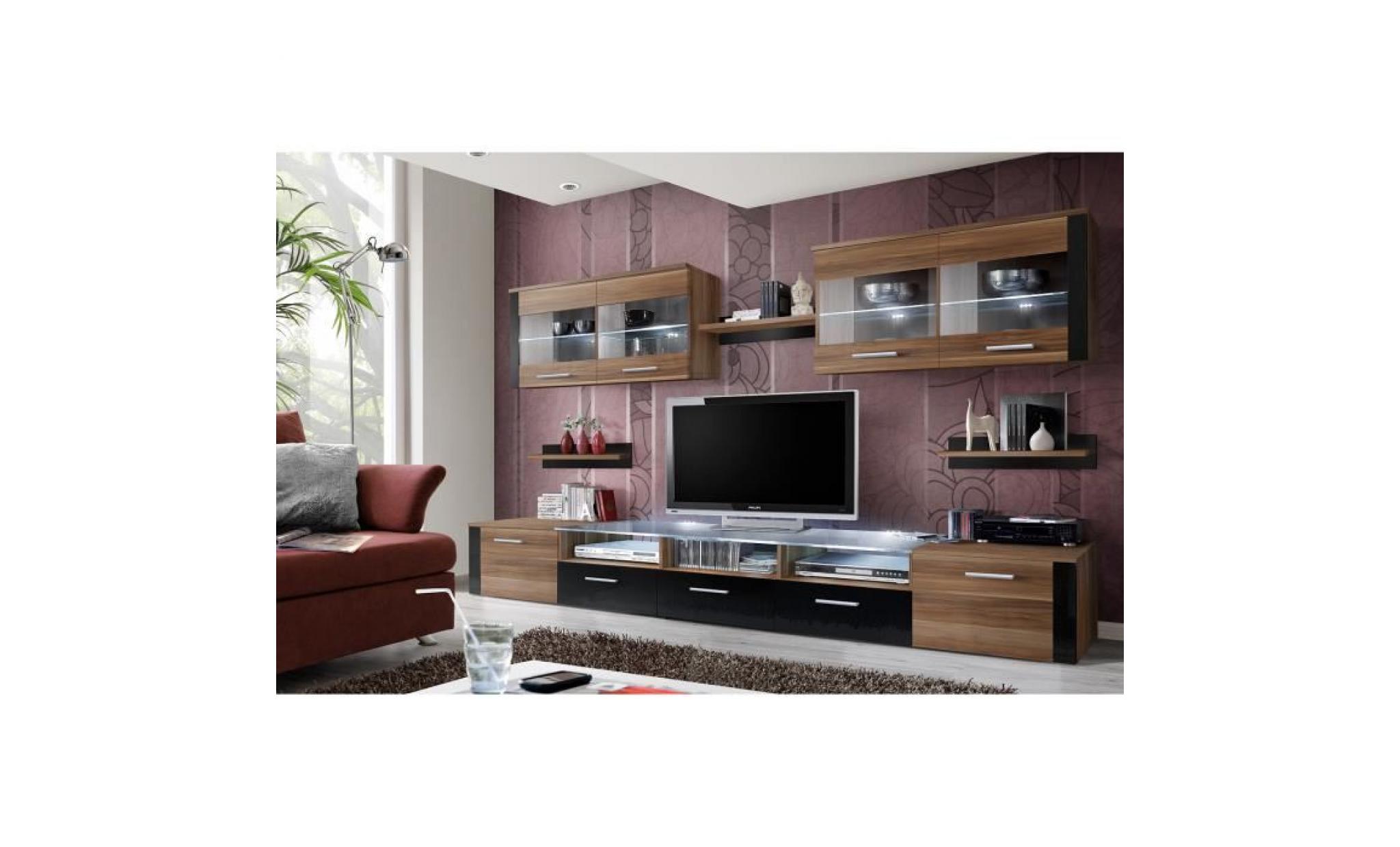meuble de salon, meubletv design complet focus prunier / noir brillant + led. vitrines suspendues.tous les elements sont modulables