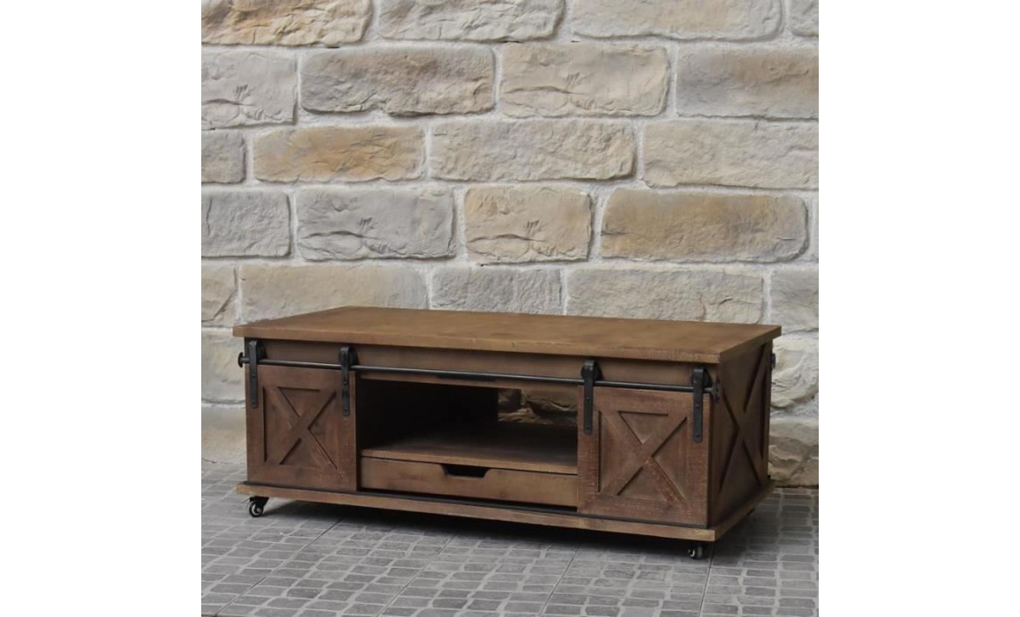 meuble table basse industriel campagne en bois et fer avec tiroirs 125x81x45 cm   10909 table
