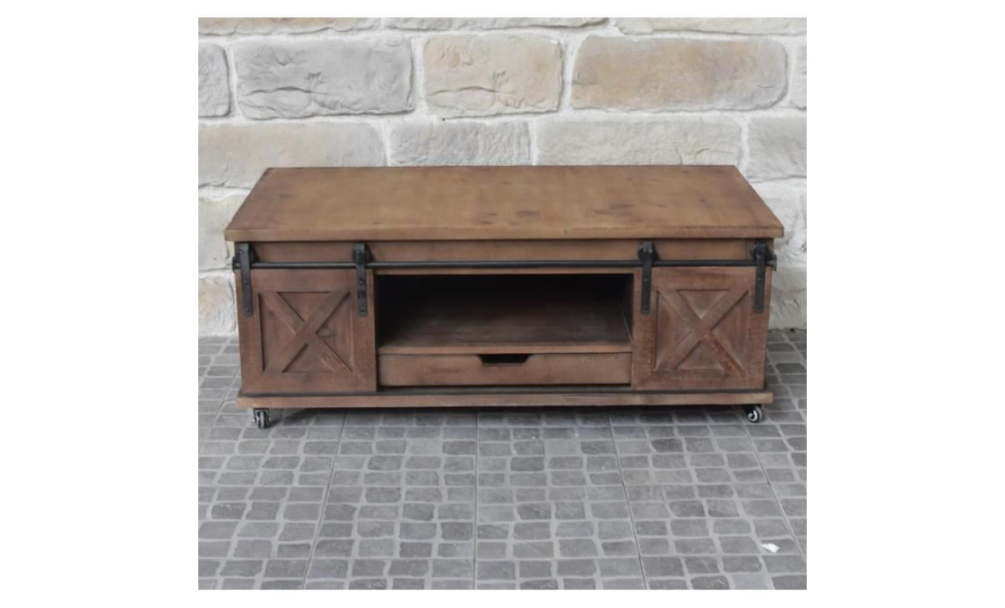 meuble table basse industriel campagne en bois et fer avec tiroirs 125x81x45 cm   10909 table pas cher