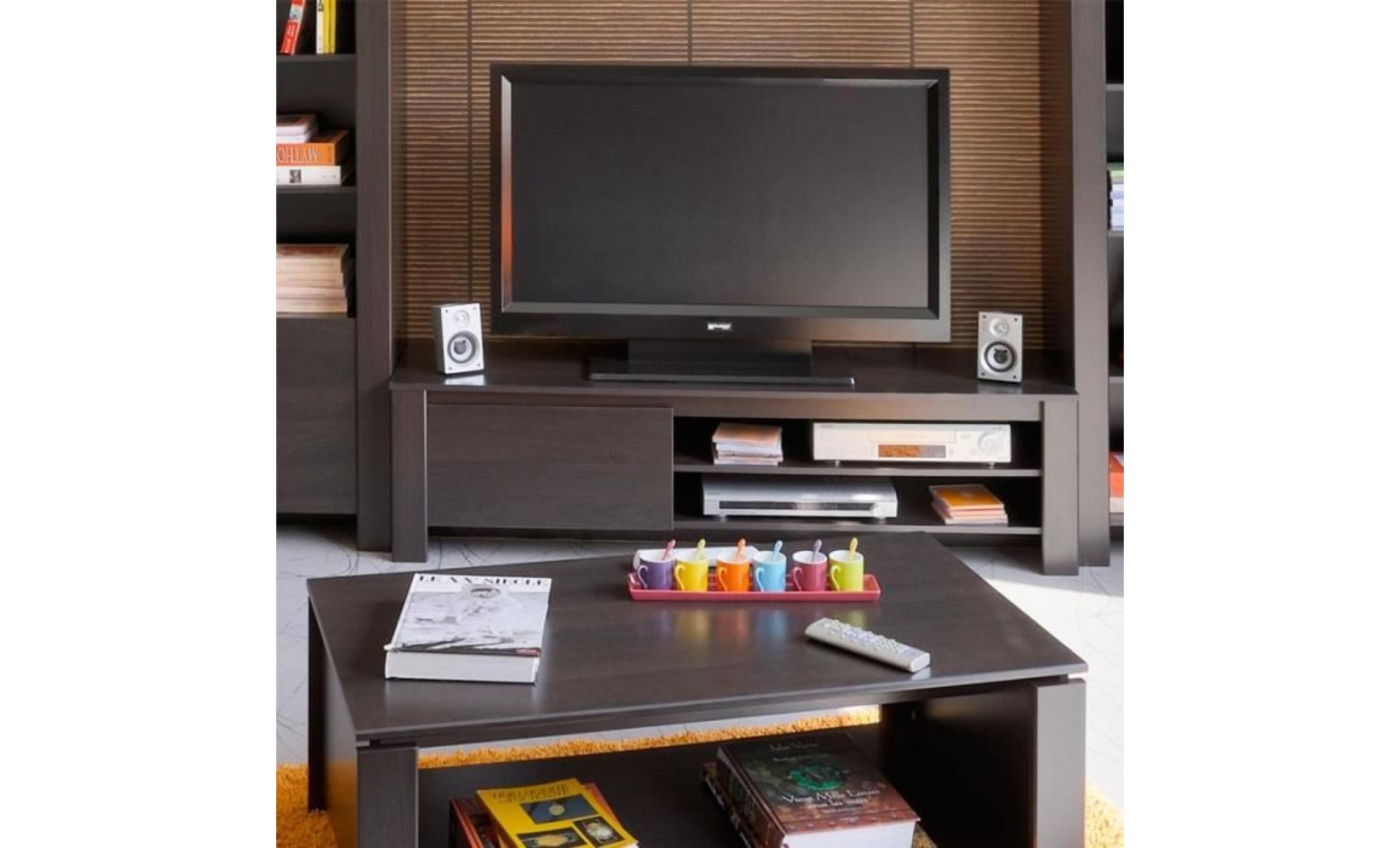 meuble tv 1 abattant bois café   barry   l 152 x l 40 x h 42 pas cher