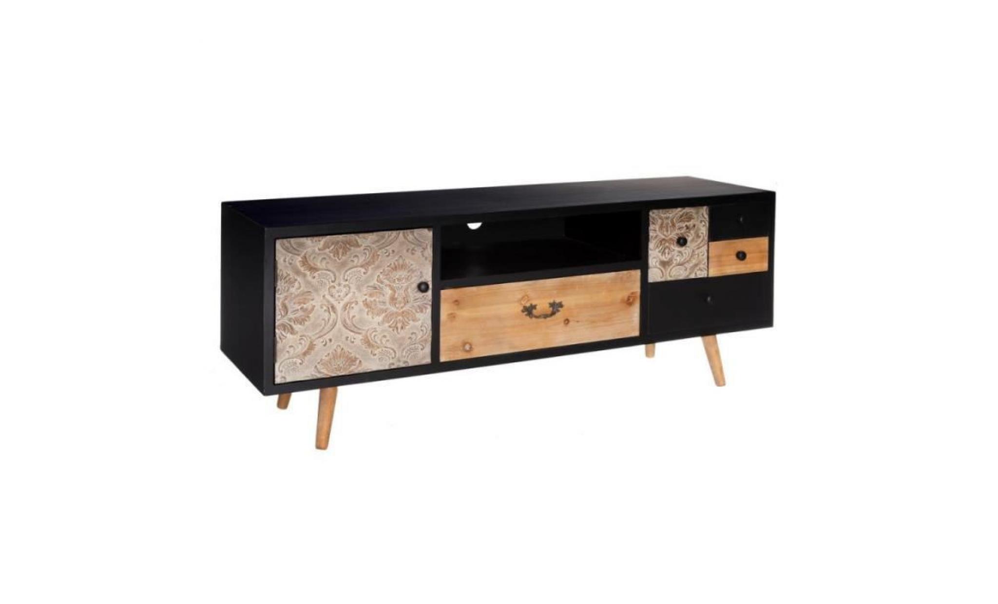 meuble tv 1 porte 5 tiroirs bois/noir   emmy   l 150 x l 42 x h 55