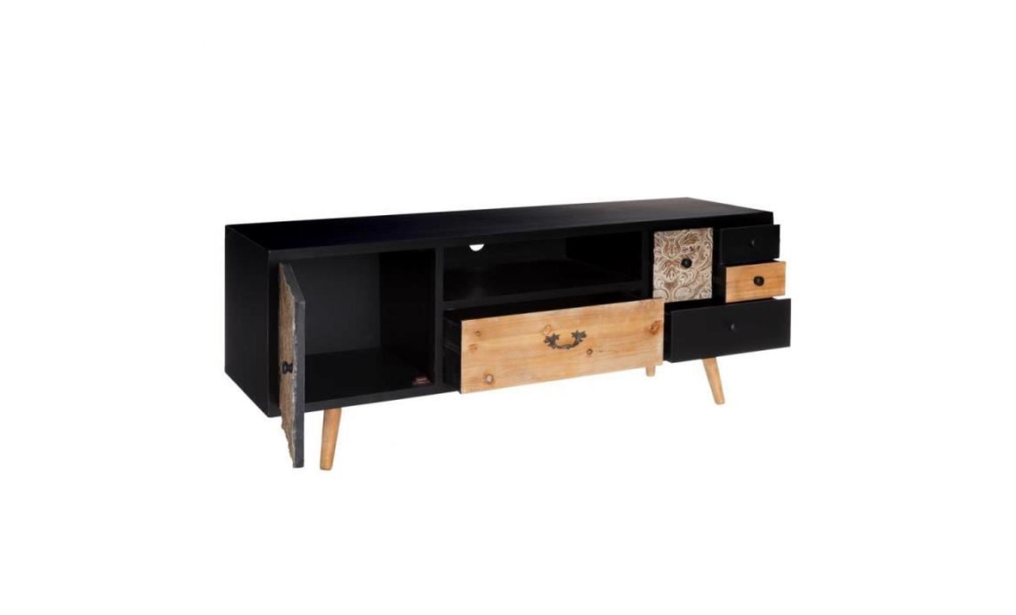 meuble tv 1 porte 5 tiroirs bois/noir   emmy   l 150 x l 42 x h 55 pas cher