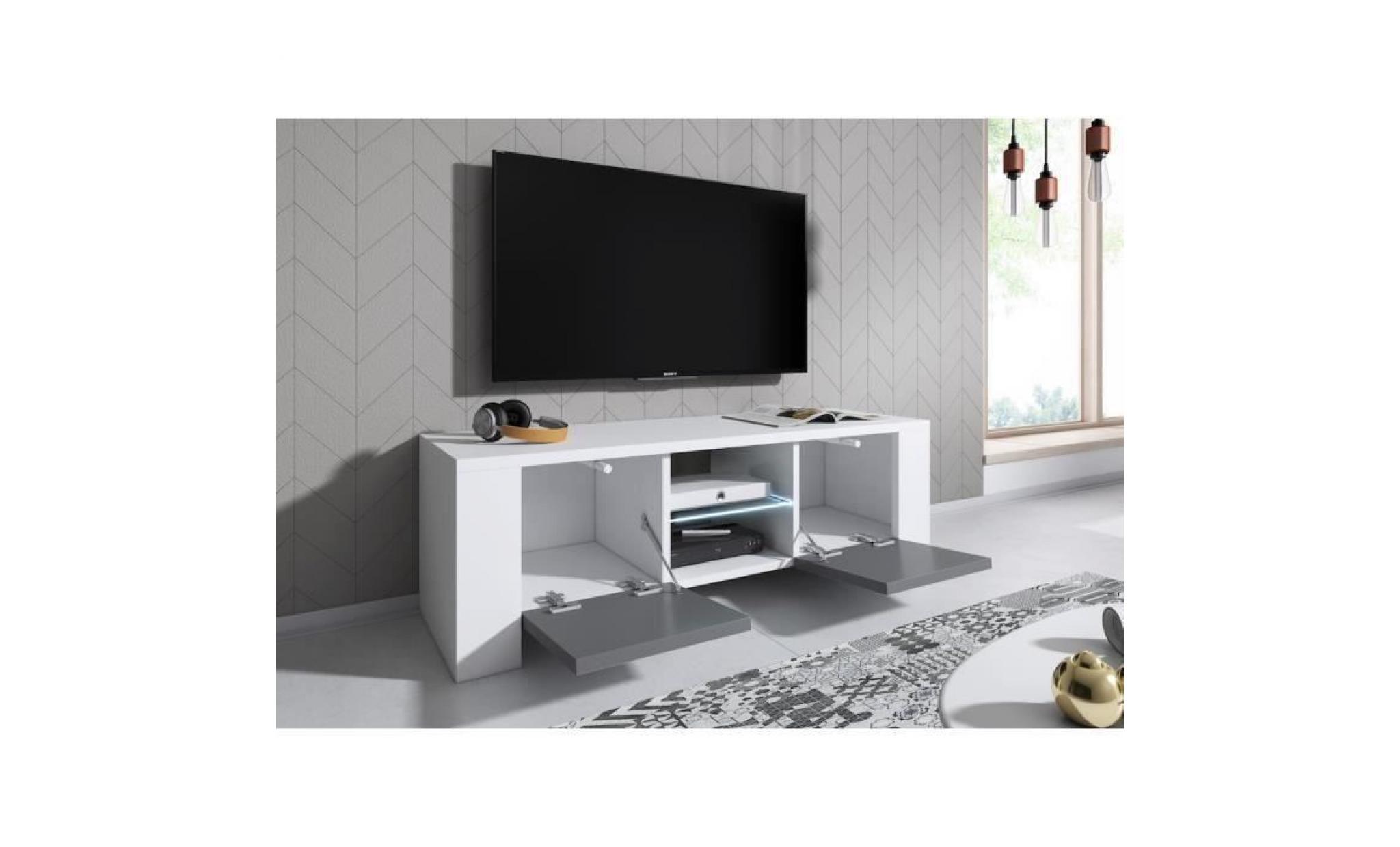 meuble tv 130 blanc mat et gris laquée avec led pas cher