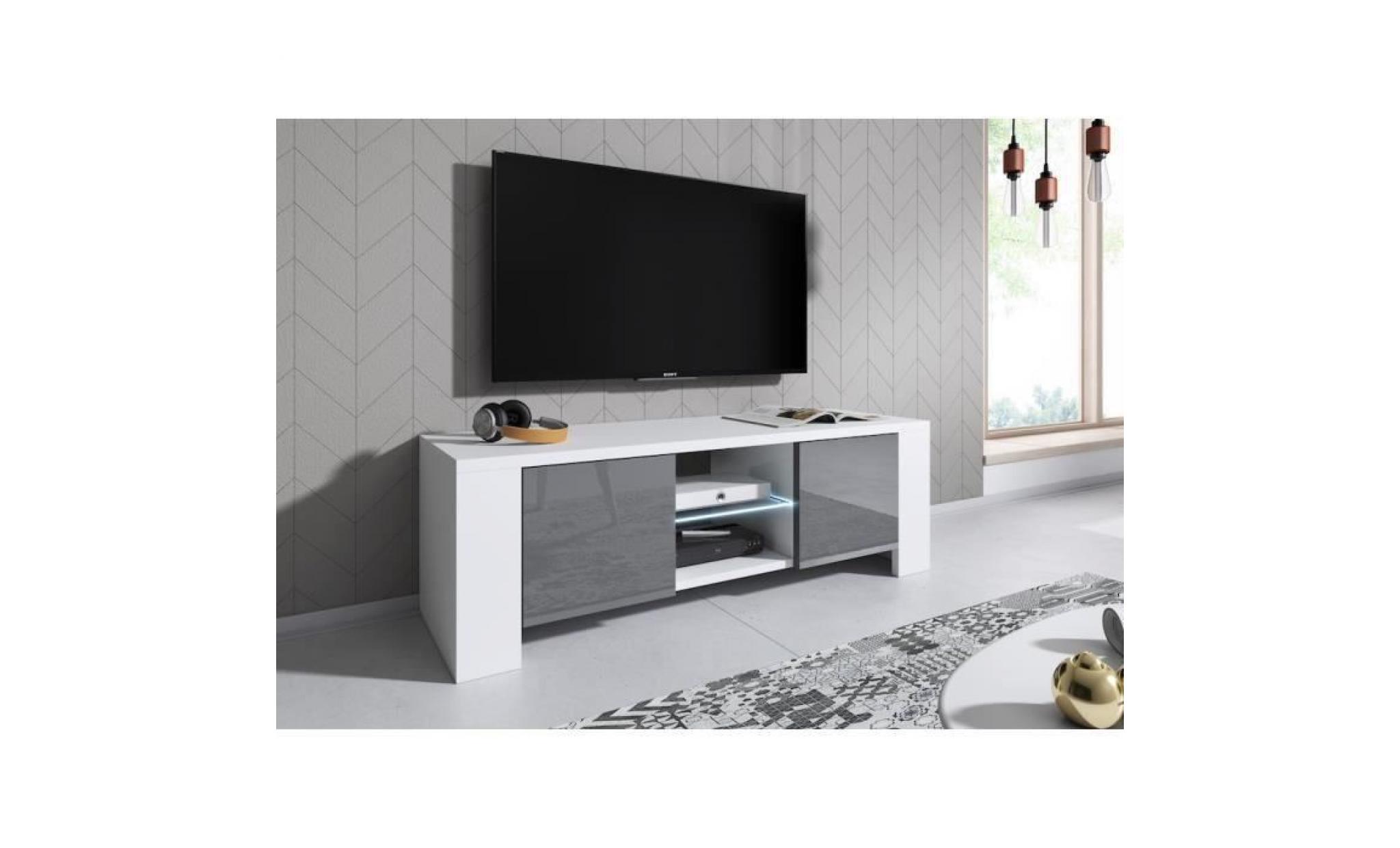 meuble tv 130 blanc mat et gris laquée avec led pas cher