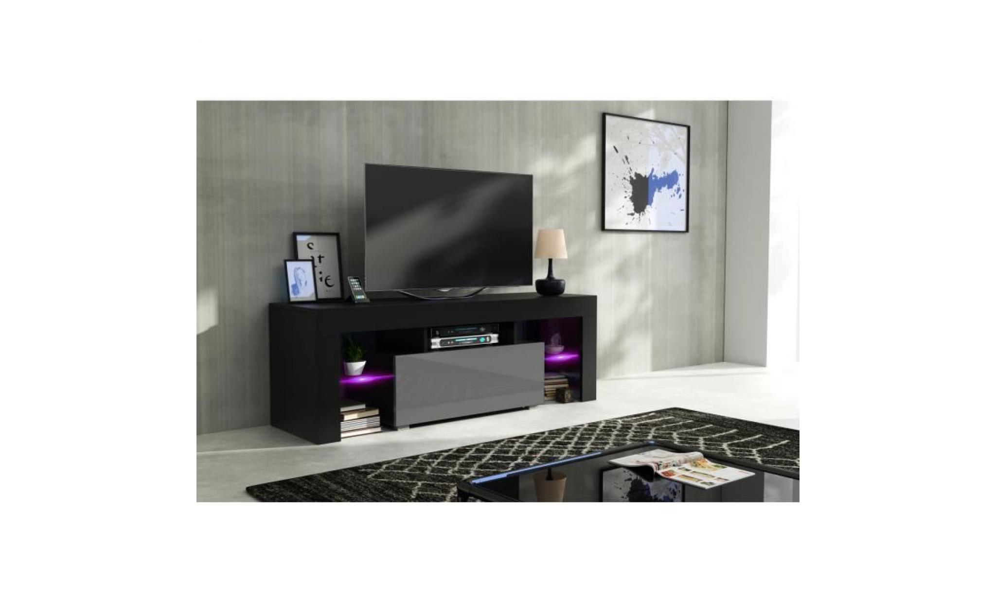 meuble tv 130 cm noir mat et gris laqué + led rgb