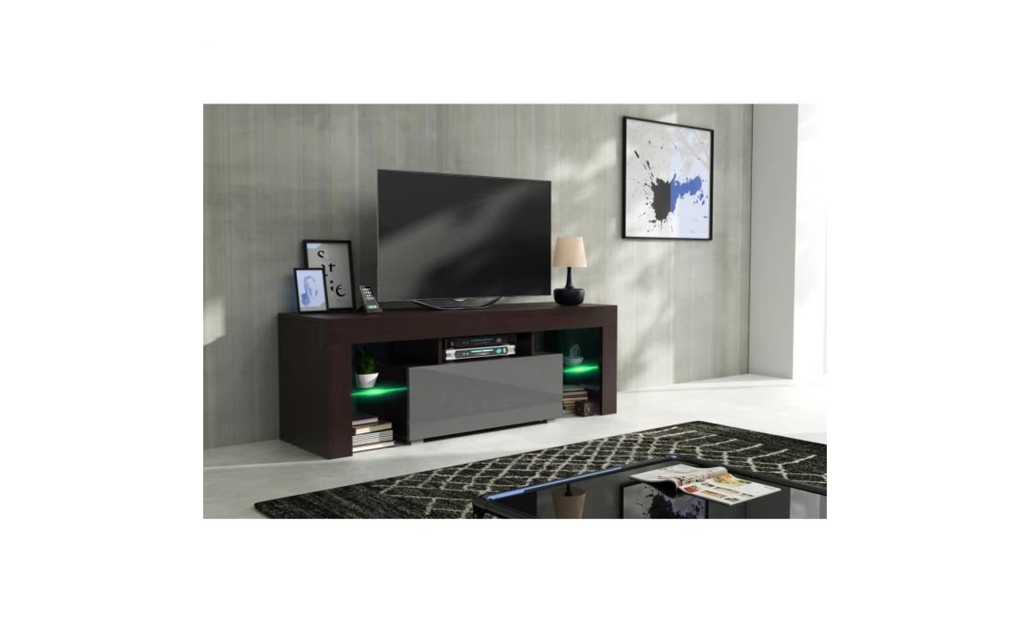 meuble tv 130 cm noir mat et gris laqué + led rgb pas cher
