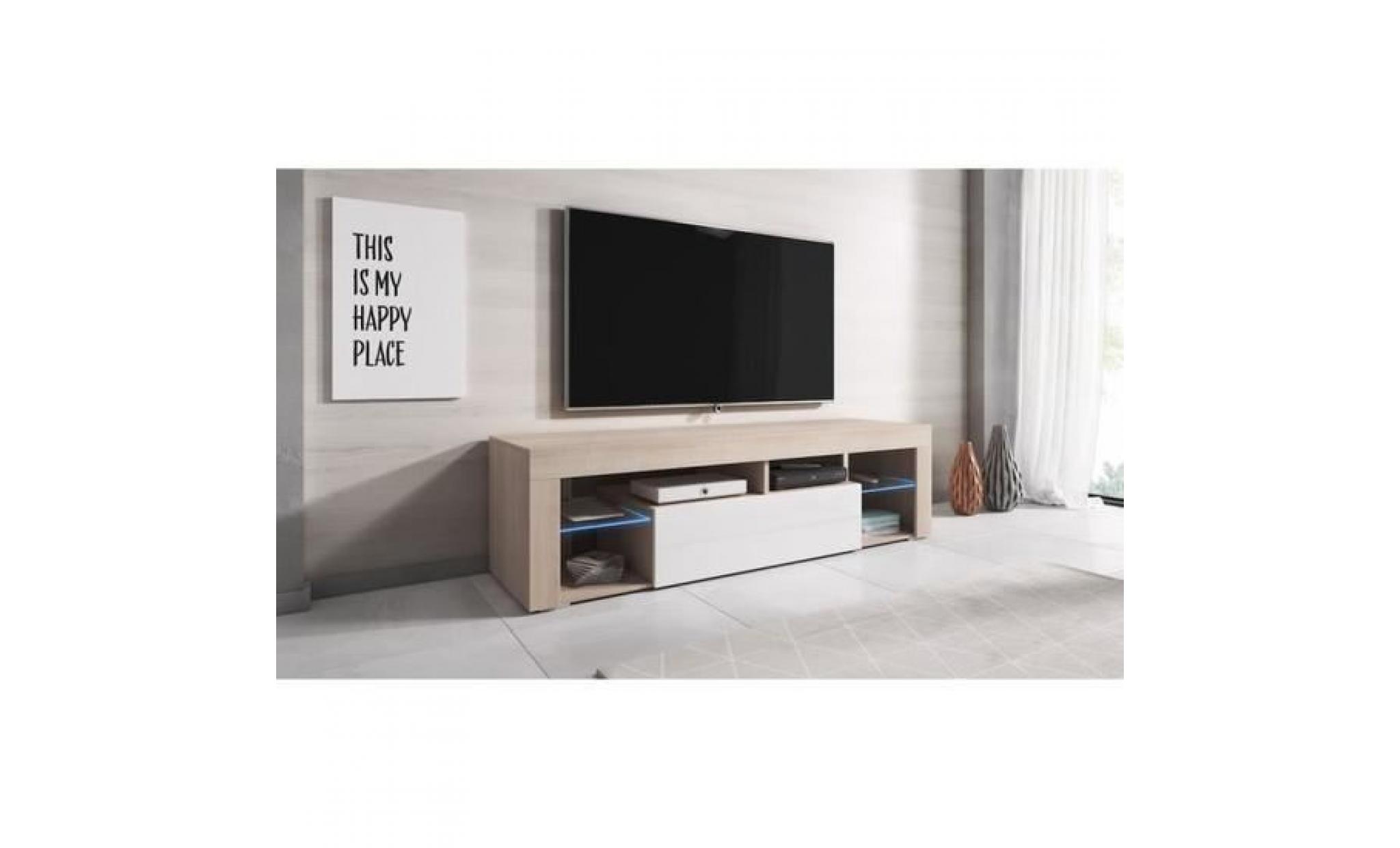 meuble tv 140 cm aspect chêne et façade laquée avec led pas cher