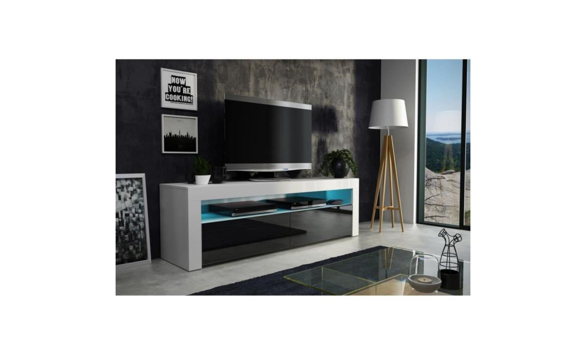 meuble tv  157 cm blanc mat et façade noir laquée  avec led