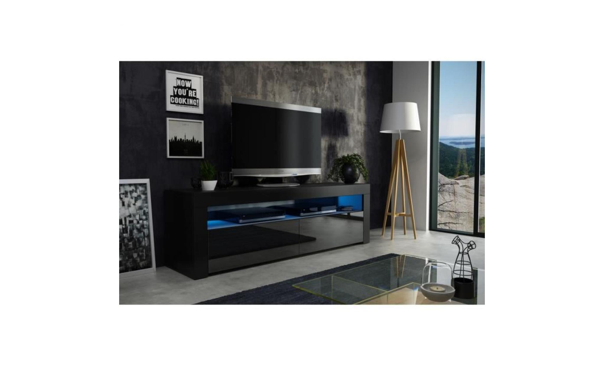 meuble tv  157 cm noir mat et façade noir laquée  avec led