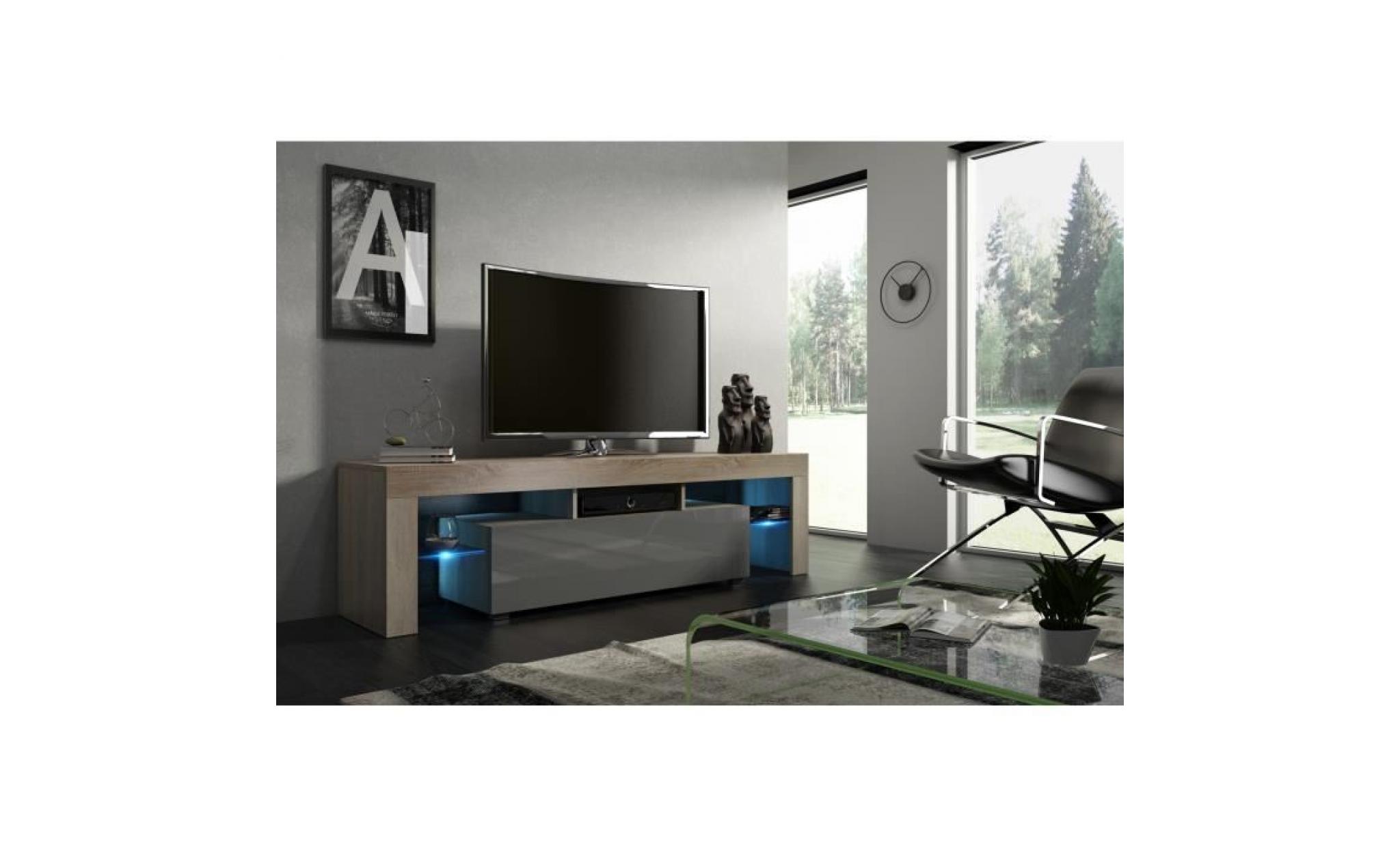 meuble tv 160 aspect chêne et gris laqué + led rgb