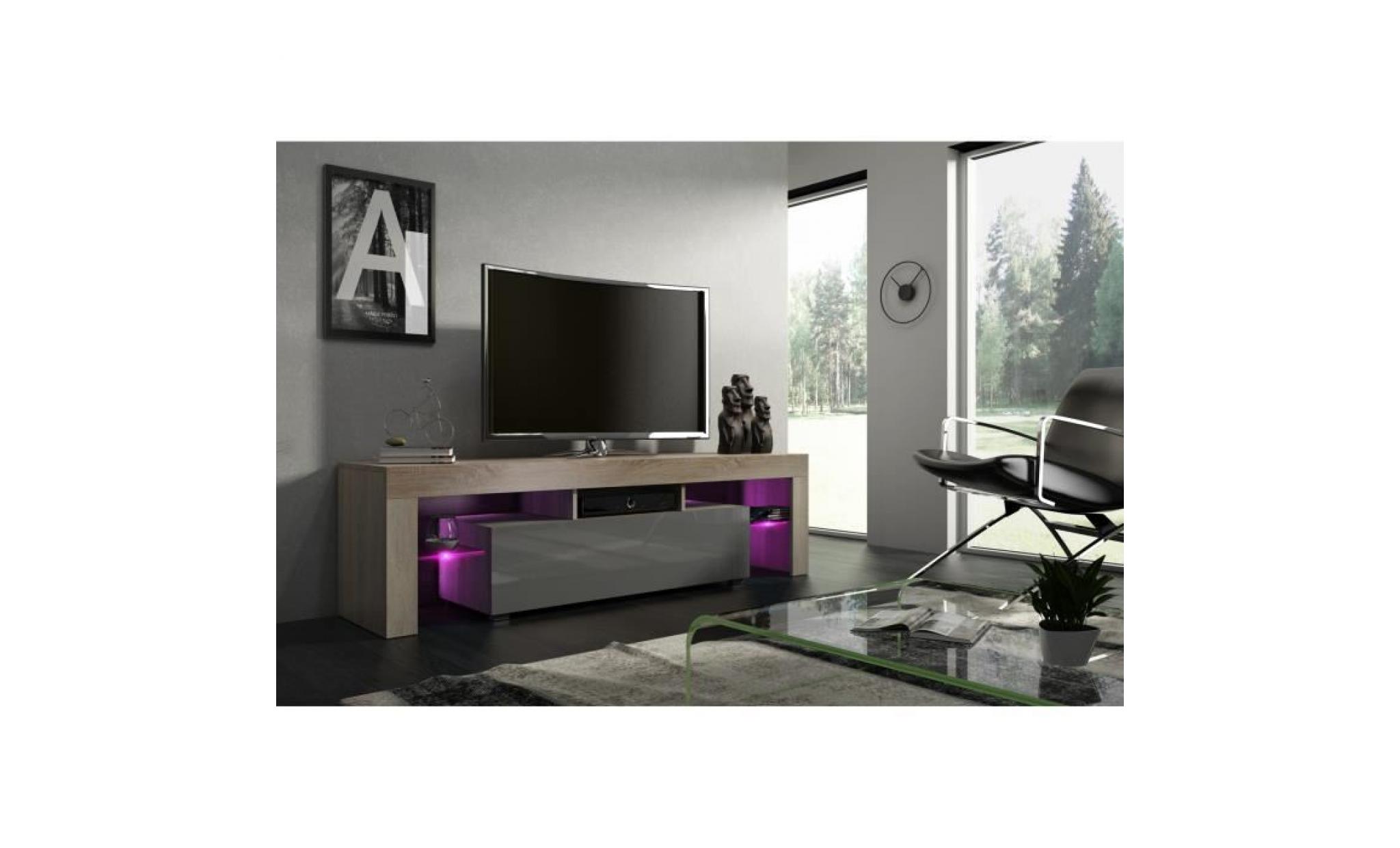 meuble tv 160 aspect chêne et gris laqué + led rgb pas cher