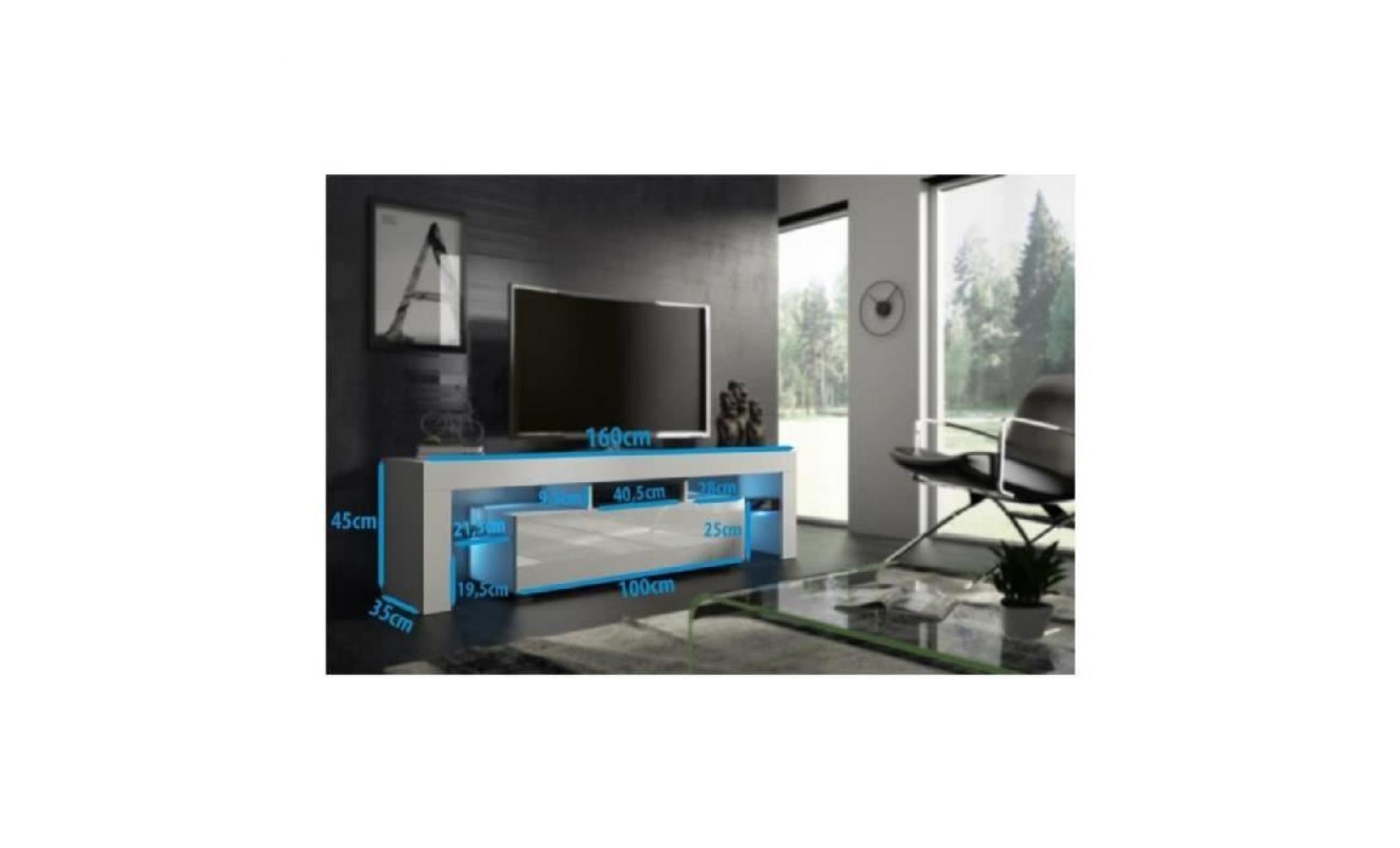 meuble tv 160 cm blanc mat   et chêne mdf  avec led