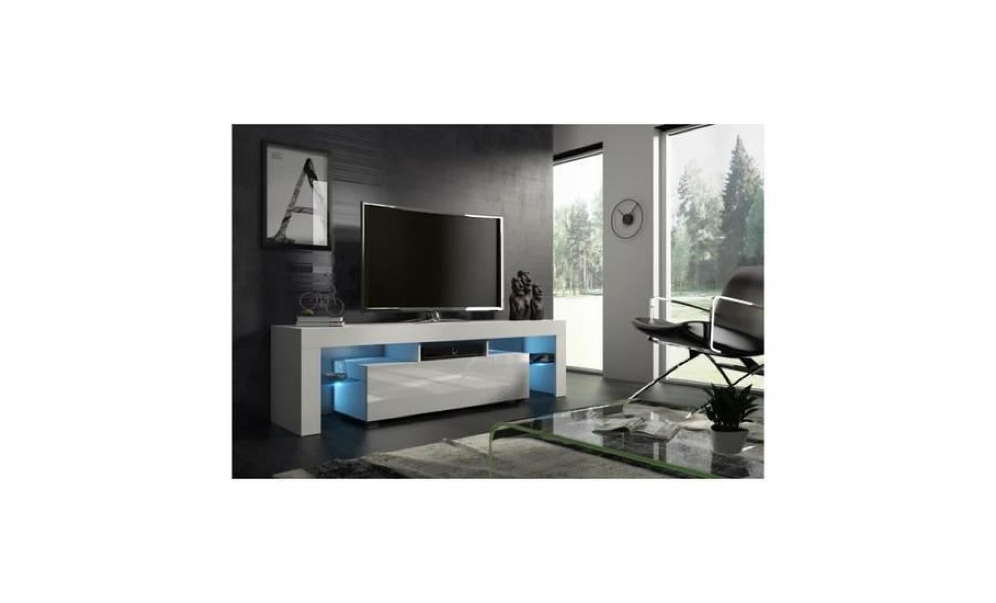 meuble tv 160 cm blanc mat et façade laquée avec led