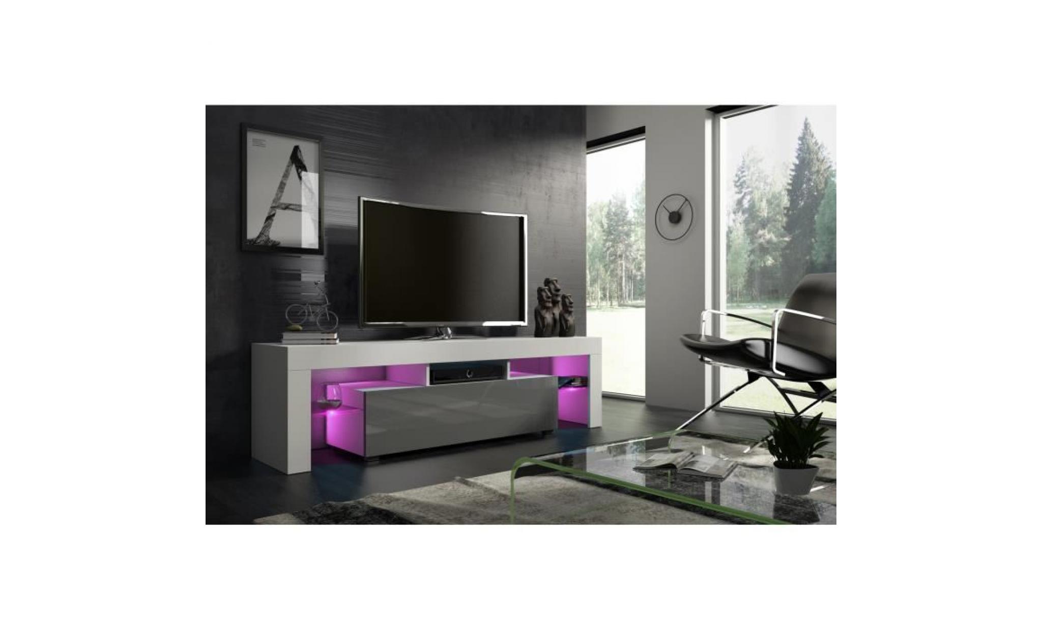 meuble tv 160 cm blanc mat et gris laqué led rgb