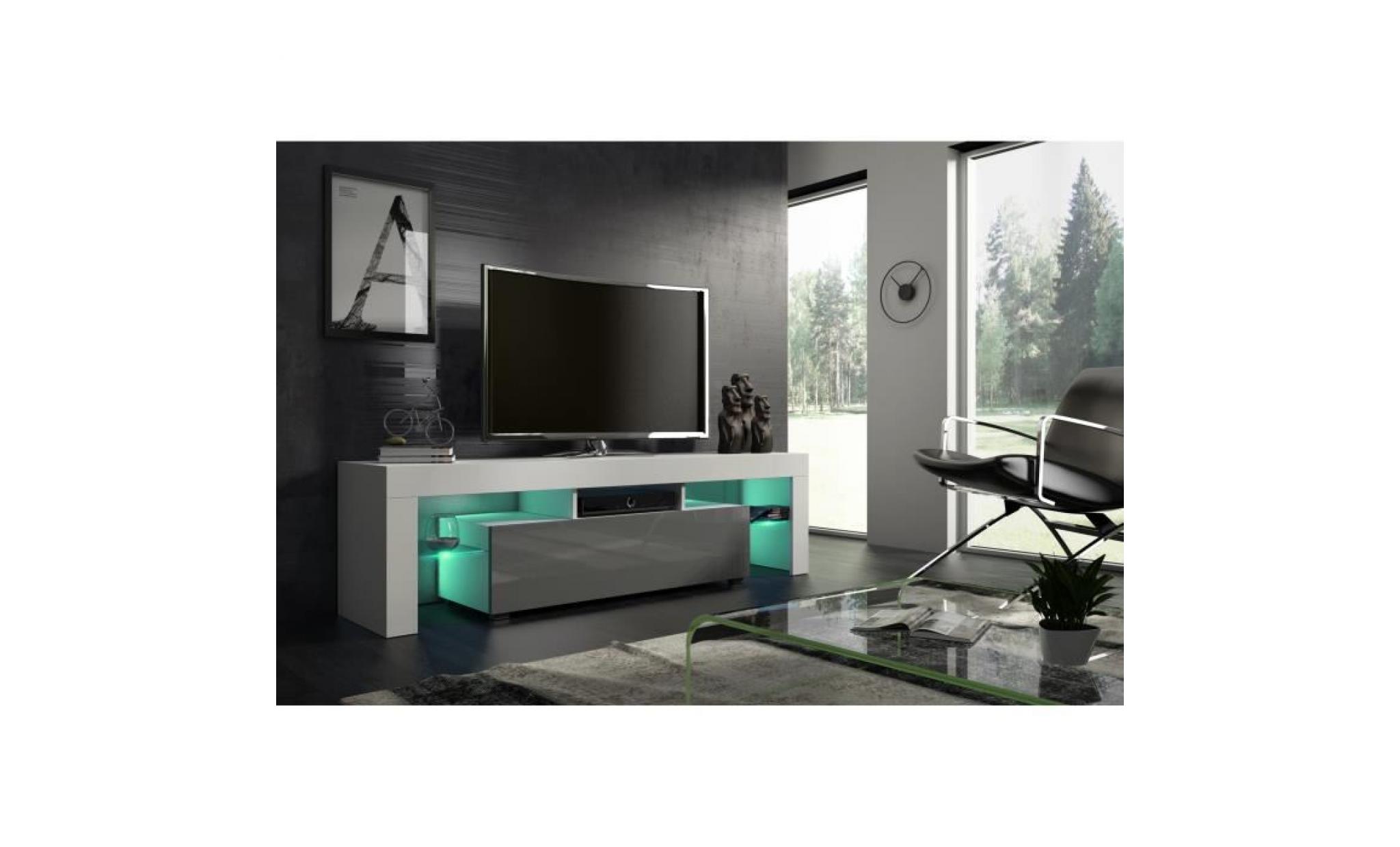 meuble tv 160 cm blanc mat et gris laqué led rgb pas cher