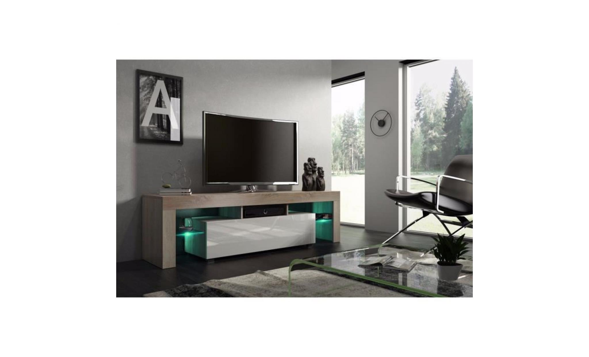 meuble tv 160 cm chêne mdf  et  blanc laqué   avec led
