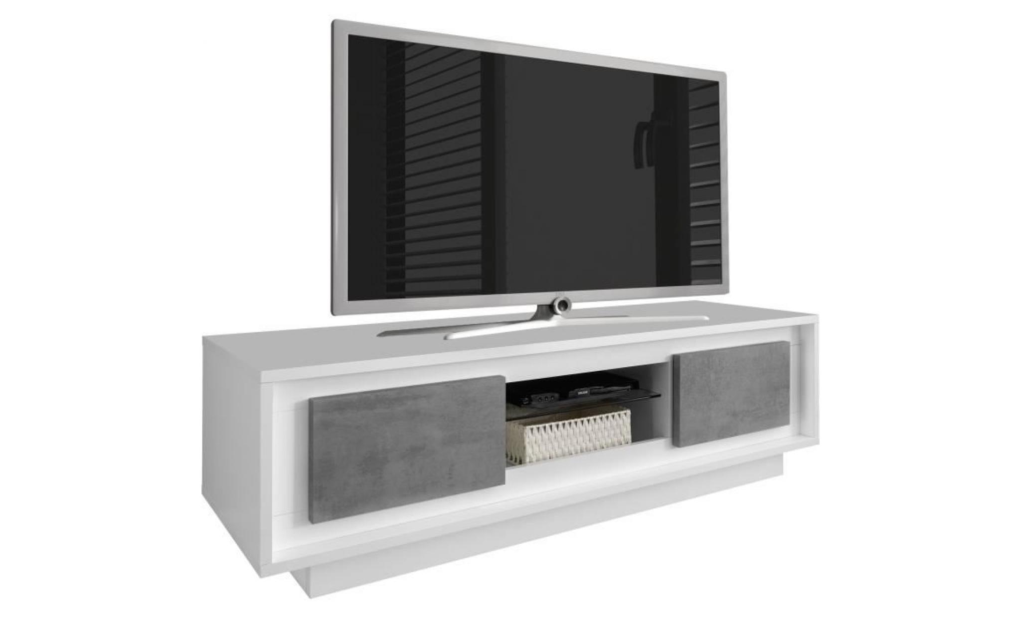 meuble tv 160x45 cm coloris blanc laqué mat et béton blanc