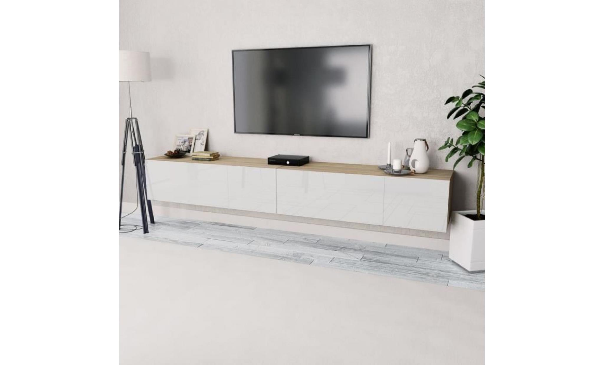 meuble tv 2 pcs aggloméré 120x40x34 cm chêne et blanc brillant muble tv mural contemporain scandinave