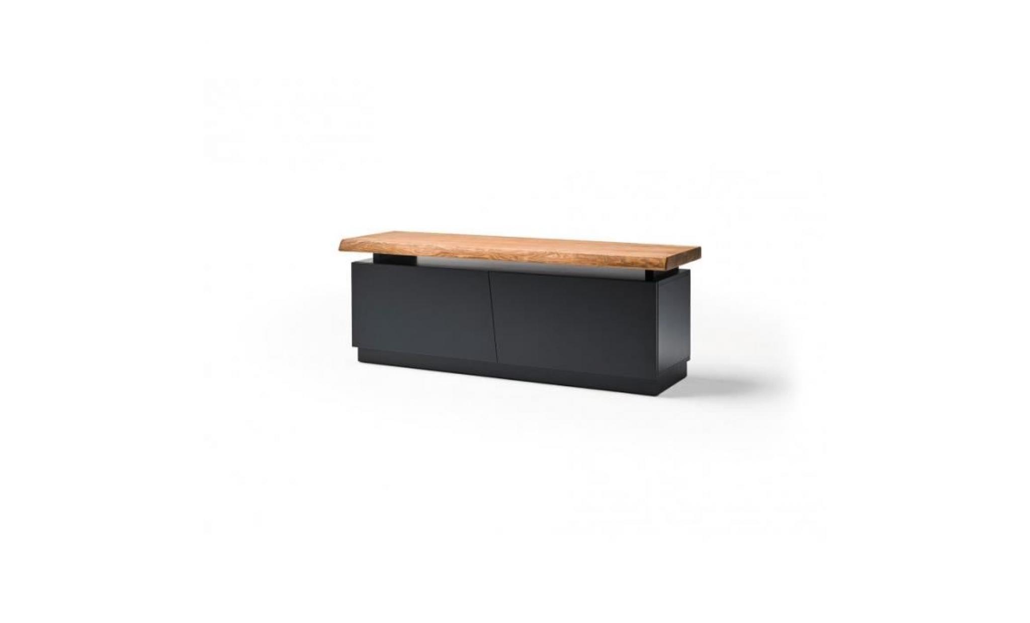 meuble tv 2 portes en bois noir mat et plateau bois naturel maxime   l 160 x l 47 x h 59
