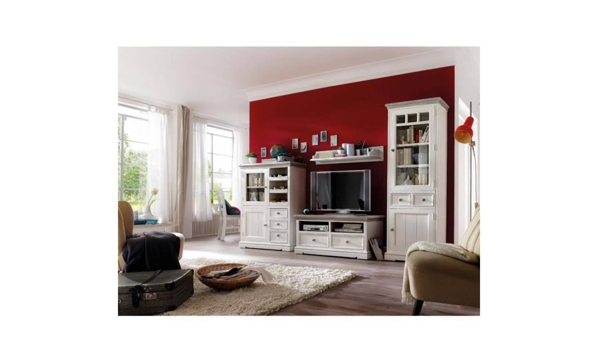 meuble tv 2 tiroirs contemporain blanc et gris en bois massif pin 121 cm p 42232 co blanc, gris
