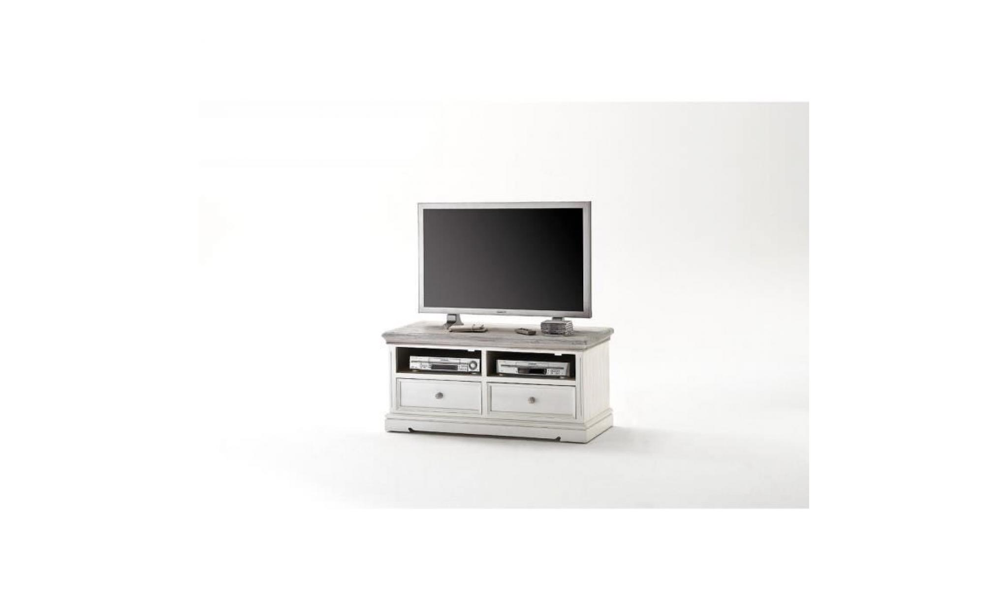 meuble tv 2 tiroirs contemporain blanc et gris en bois massif pin 121 cm p 42232 co blanc, gris pas cher