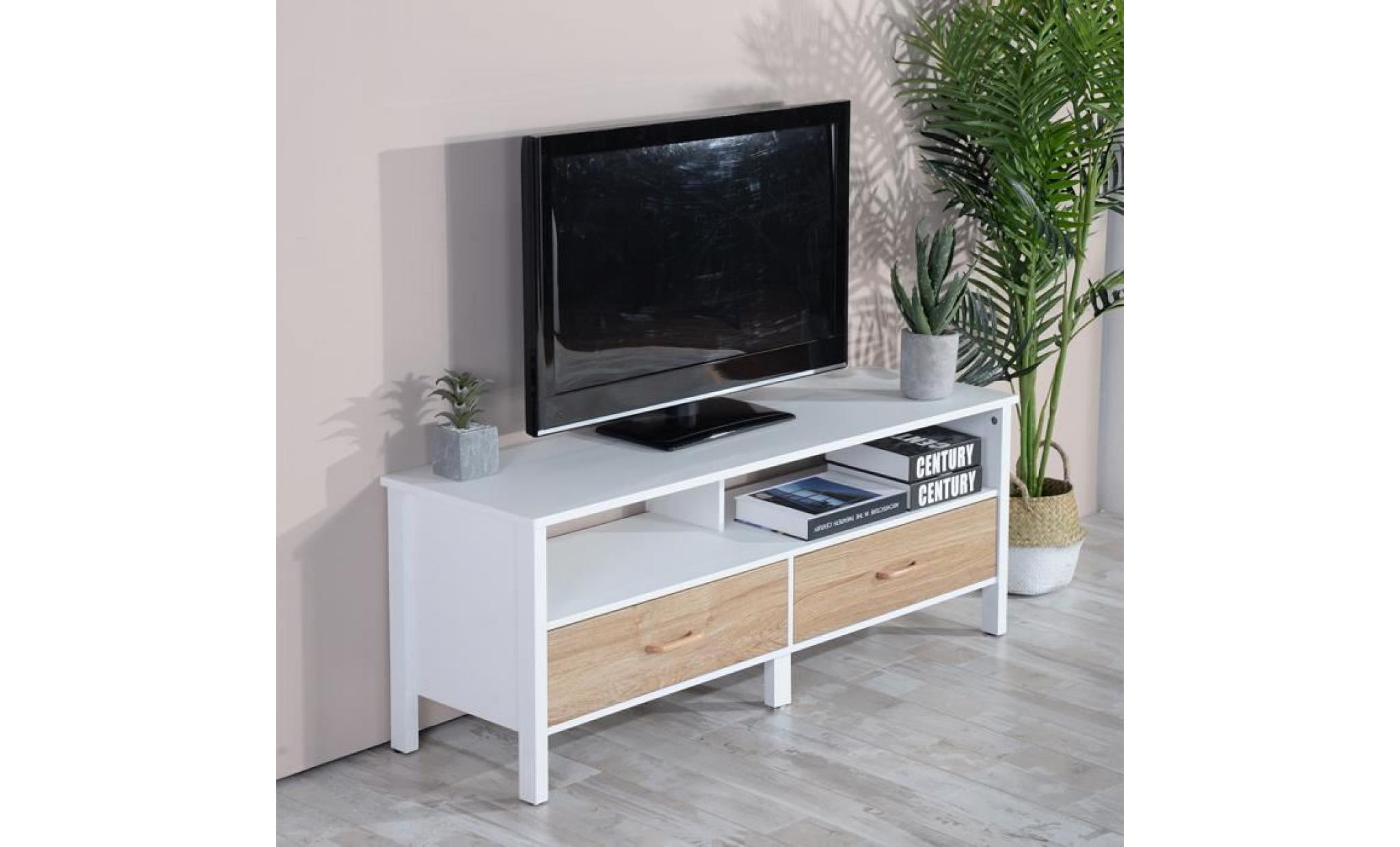 meuble tv 2 tiroirs scandinave blanc et décor hêtre    l 120 cm pas cher