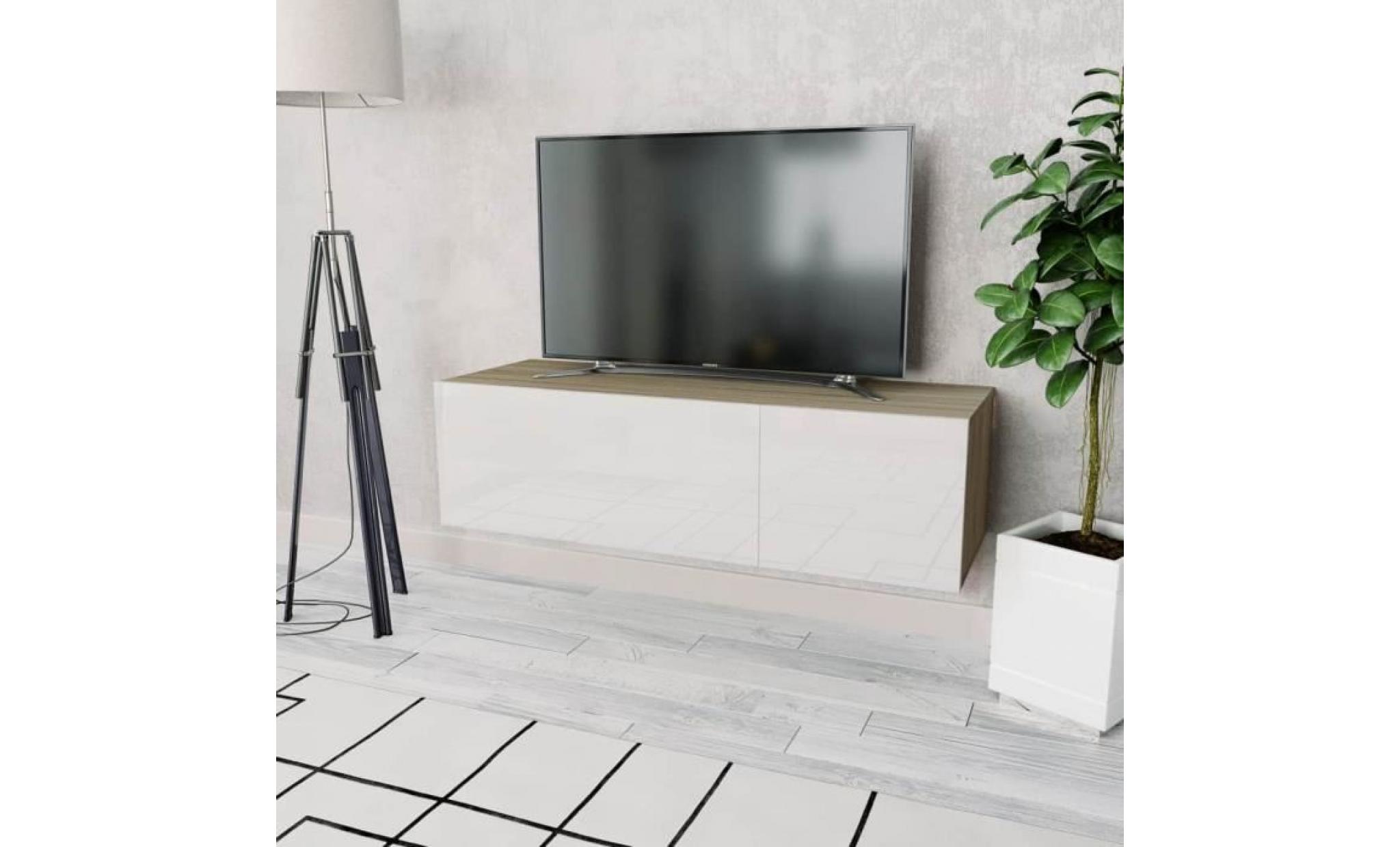 meuble tv aggloméré chêne et blanc brillant 120 x 40 x 34 cm