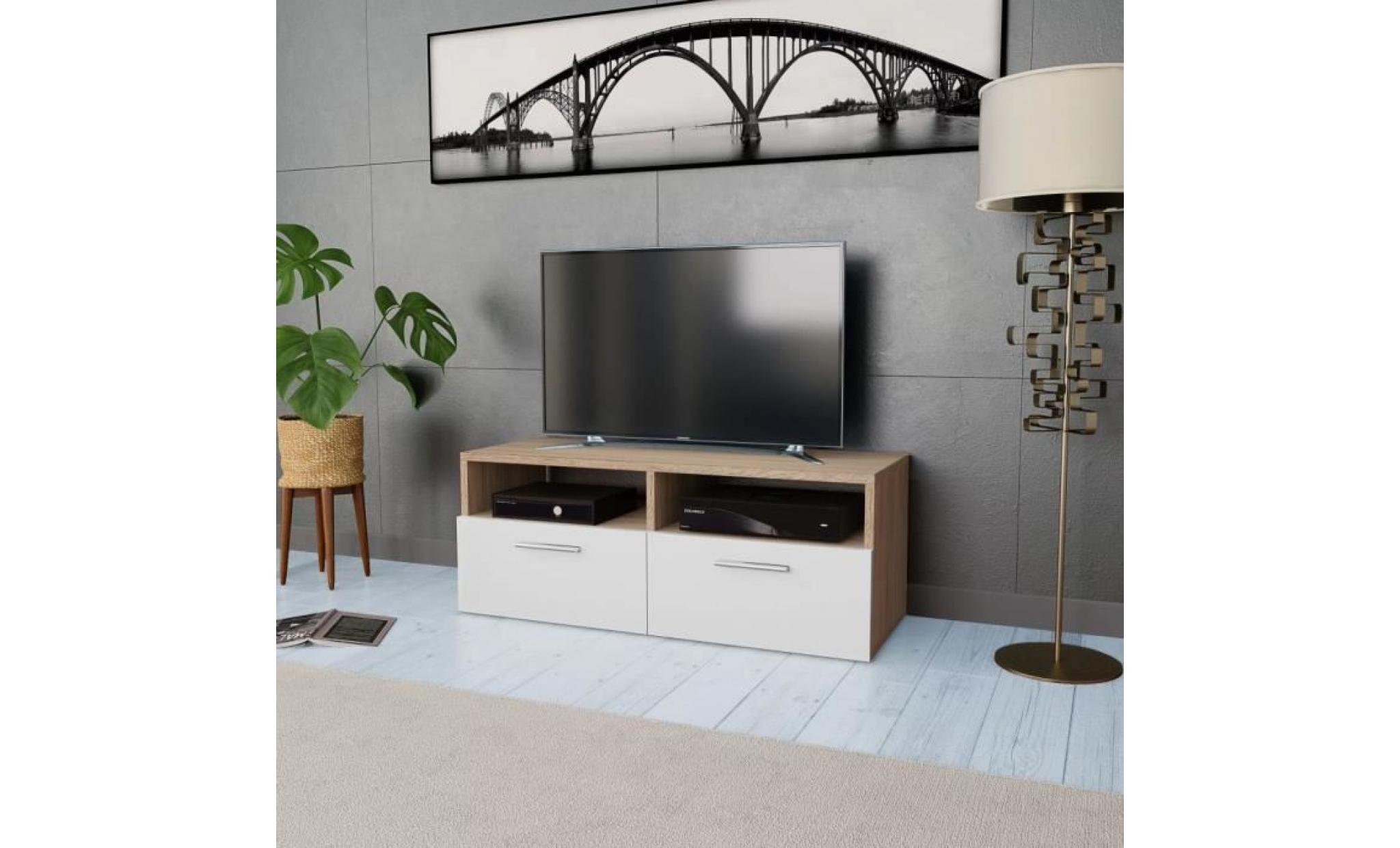 meuble tv aggloméré support tv chêne et blanc 95 x 35 x 36 cm