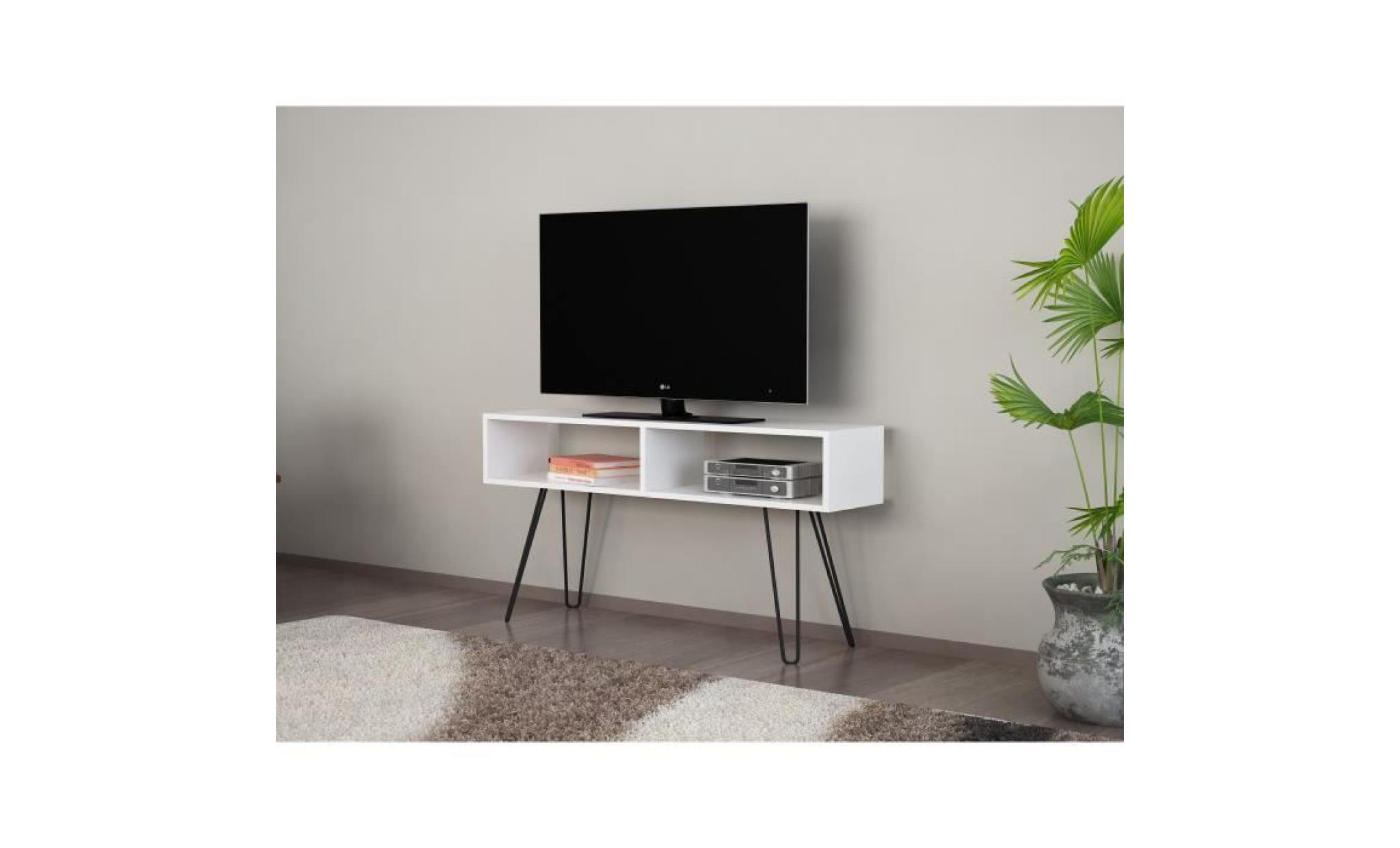 meuble tv alya blanc, bois et metal 120x68,5x29,5cm pas cher