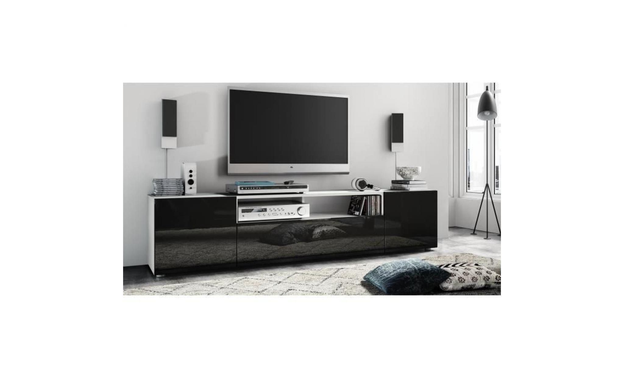 meuble tv armoire basse mogan, corps en blanc mat   façades en blanc haute brillance pas cher