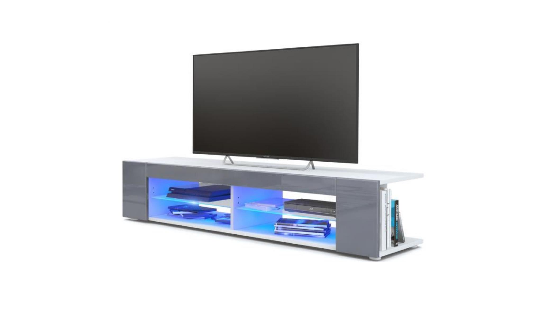 meuble tv armoire basse movie, corps en blanc mat   façades en blanc haute brillance avec l'éclairage led en bleu