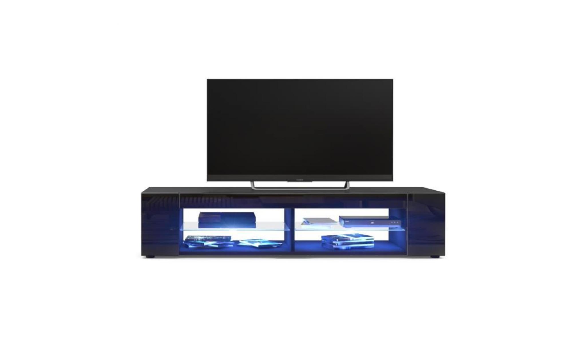 meuble tv armoire basse movie, corps en noir mat   façades en bordeaux haute brillance avec l'éclairage led en bleu pas cher