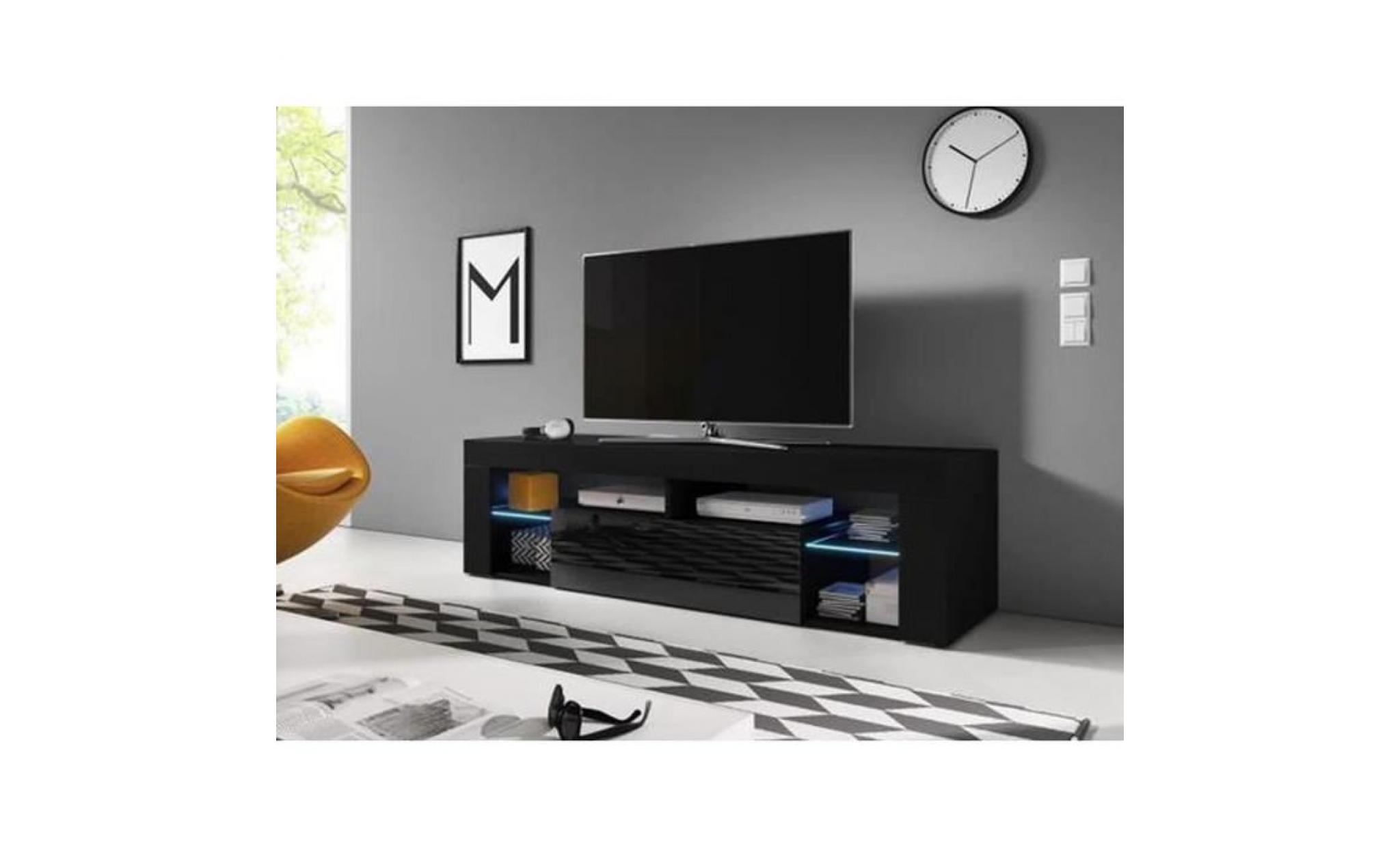 meuble tv avec éclairage led, coloris noir noir brillant   dim : 160 x 35 x 55 cm pas cher
